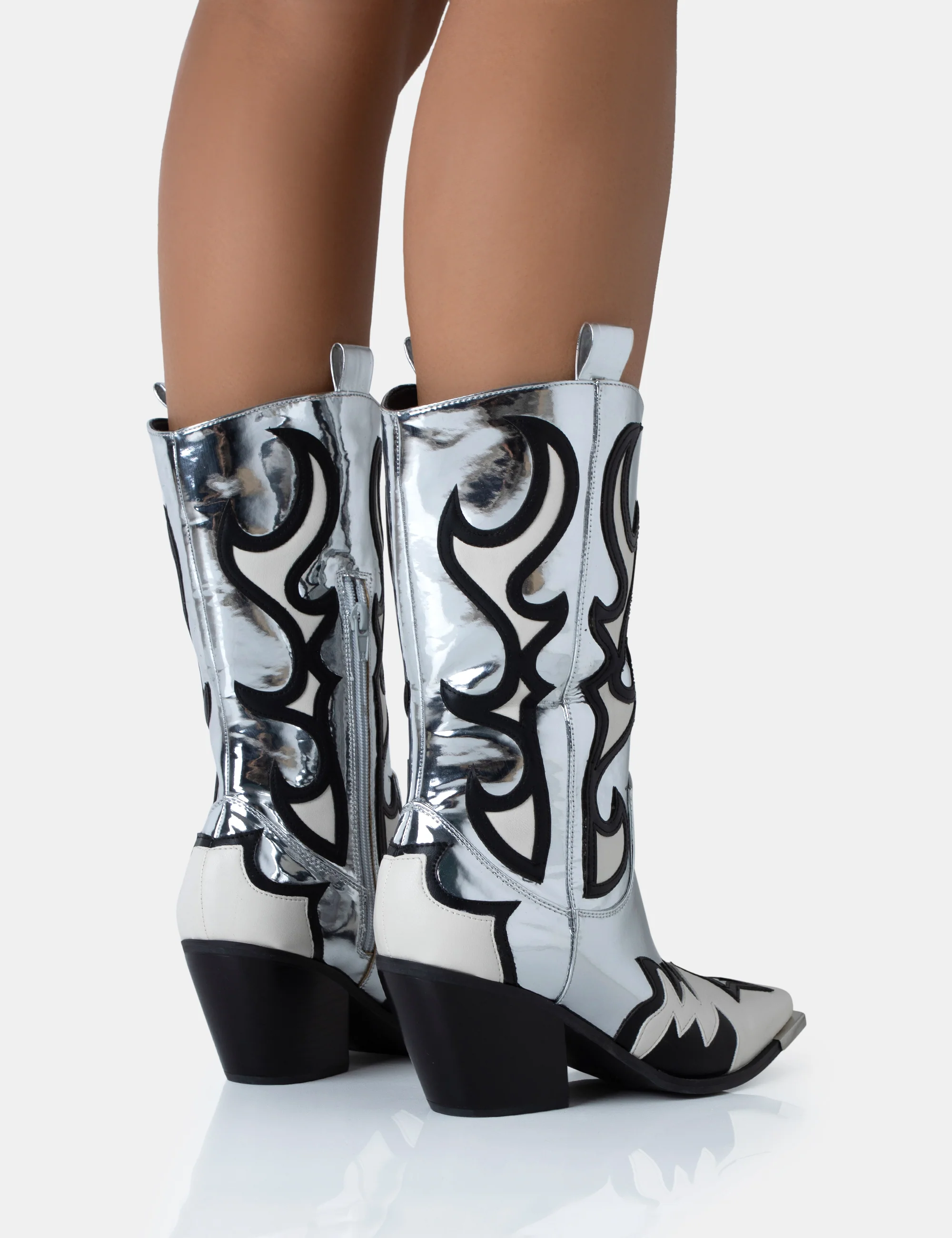 Starrie Silver Mirror Pu Metal Square Toe Heeled Cowboy Ankle Boot - Image 4