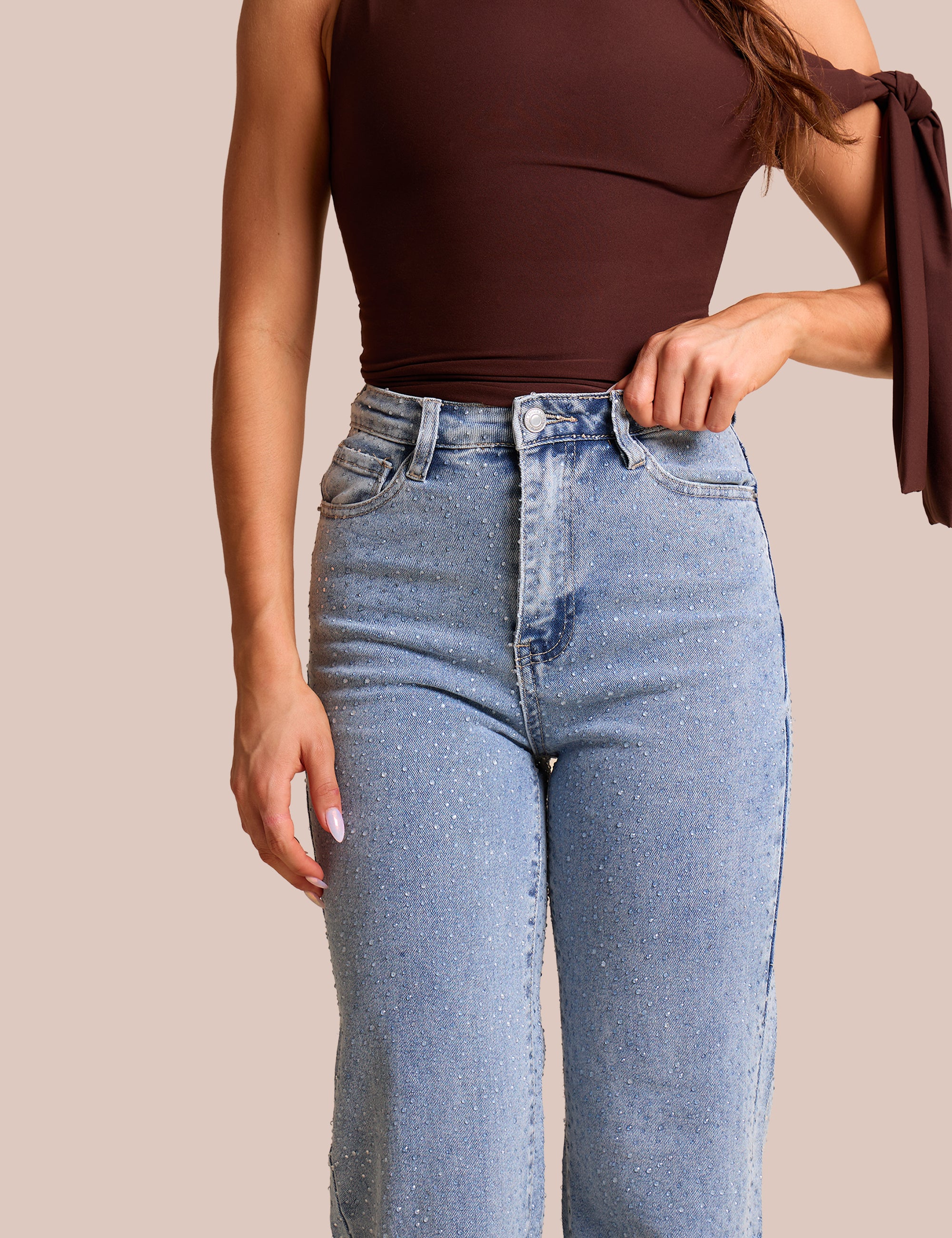 Clear Diamante Straight Fit High Rise Denim Blue Jeans - Image 2