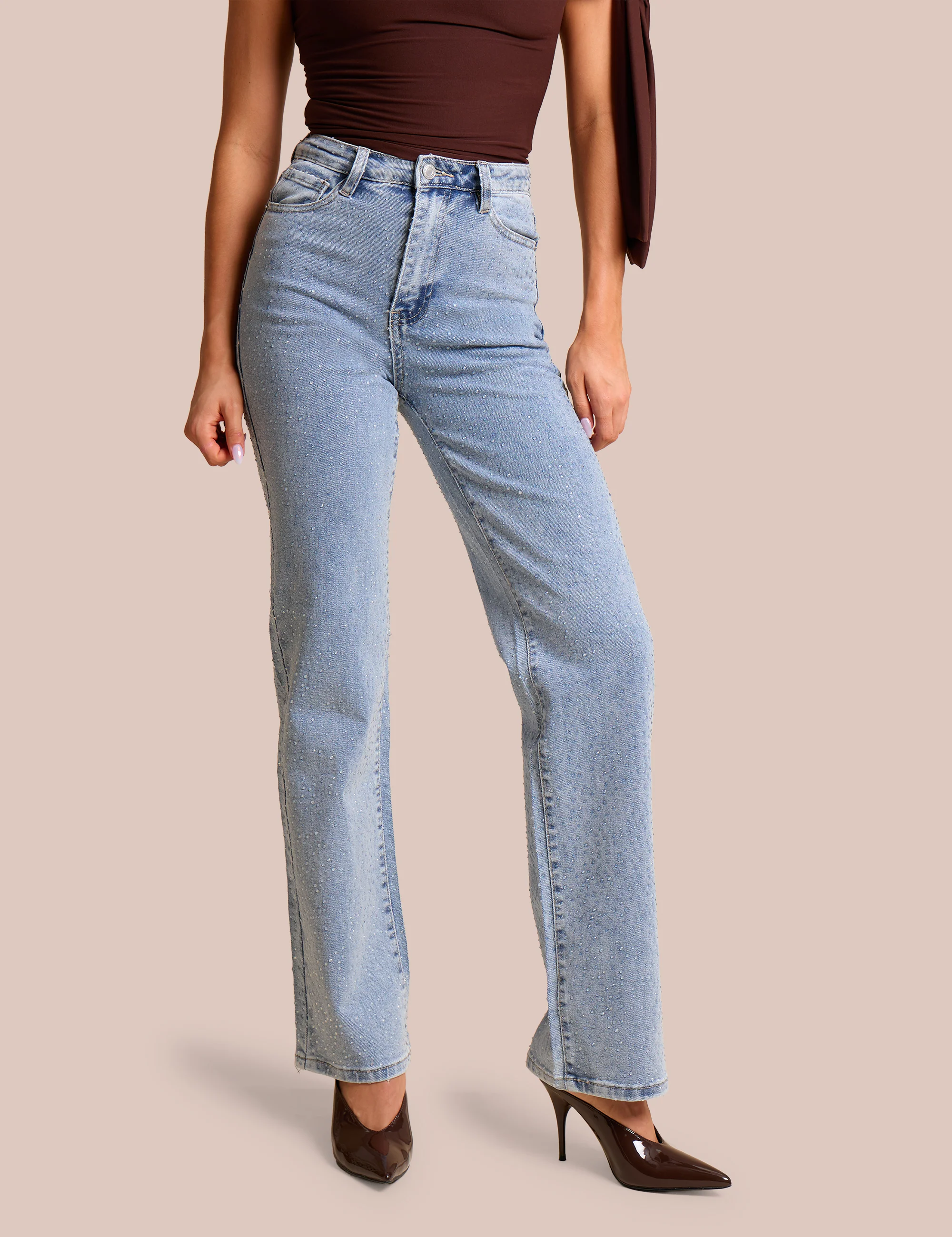 Clear Diamante Straight Fit High Rise Denim Blue Jeans - Image 3
