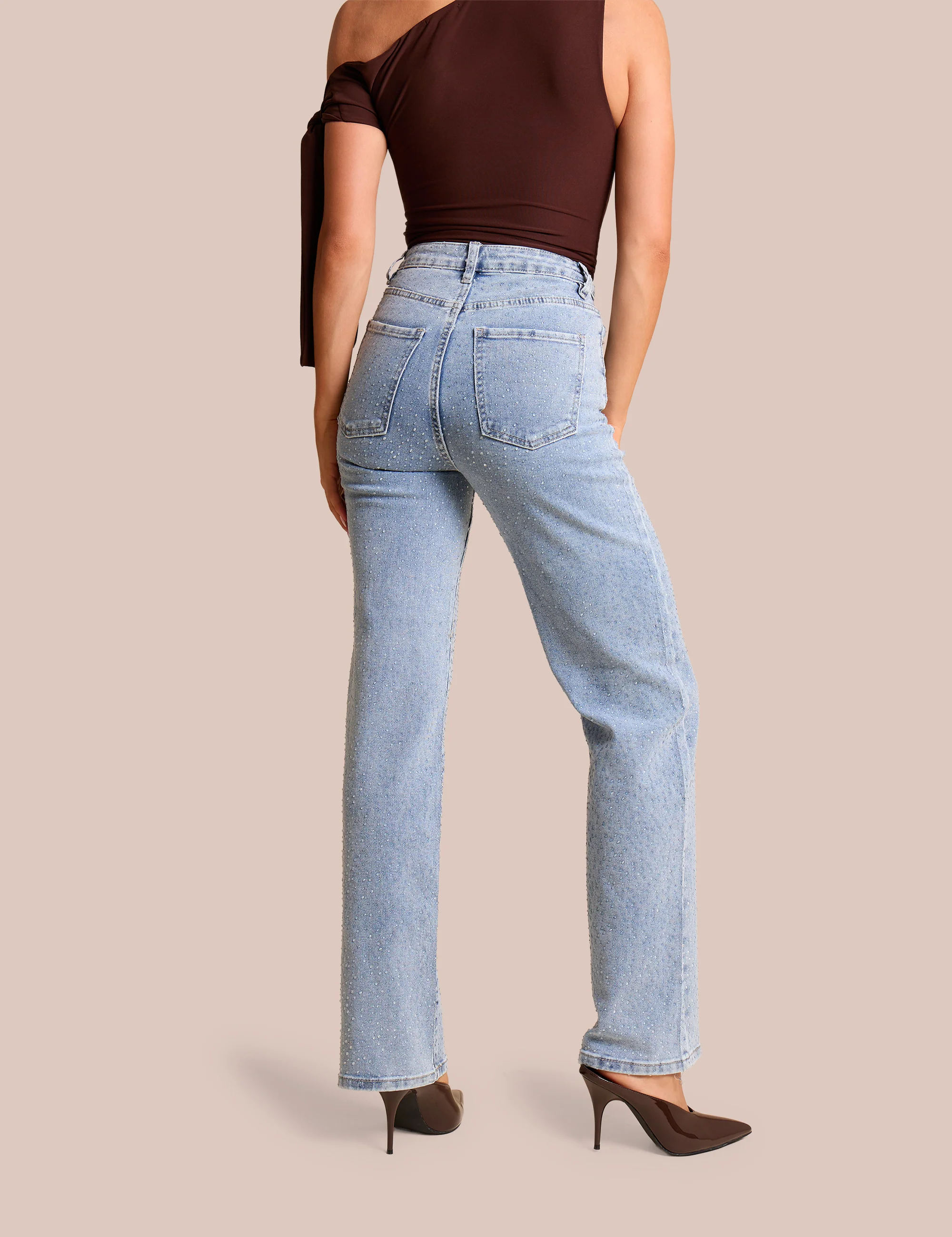 Clear Diamante Straight Fit High Rise Denim Blue Jeans - Image 4