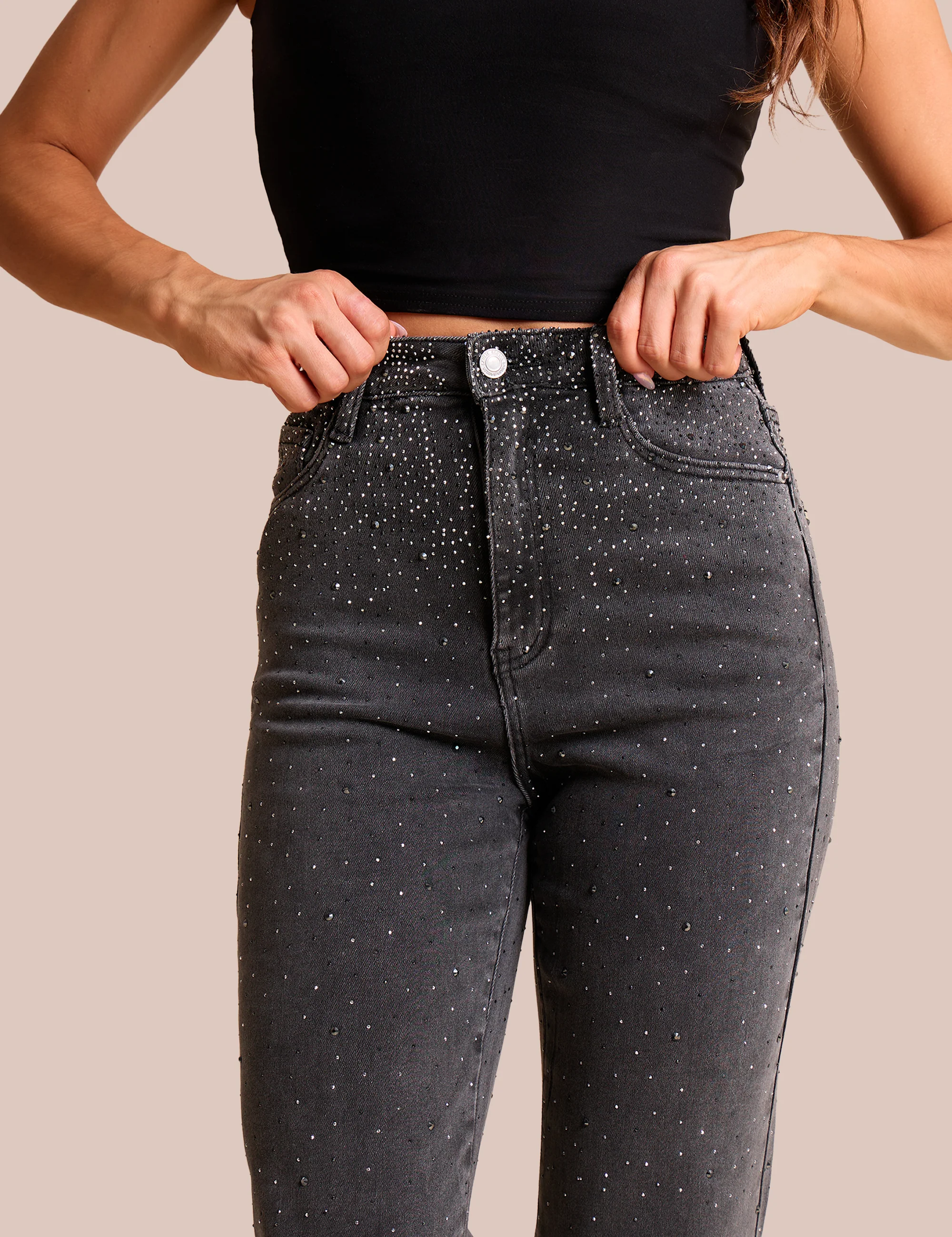 Straight Leg Stretch Stud Detail Black Jeans - Image 2