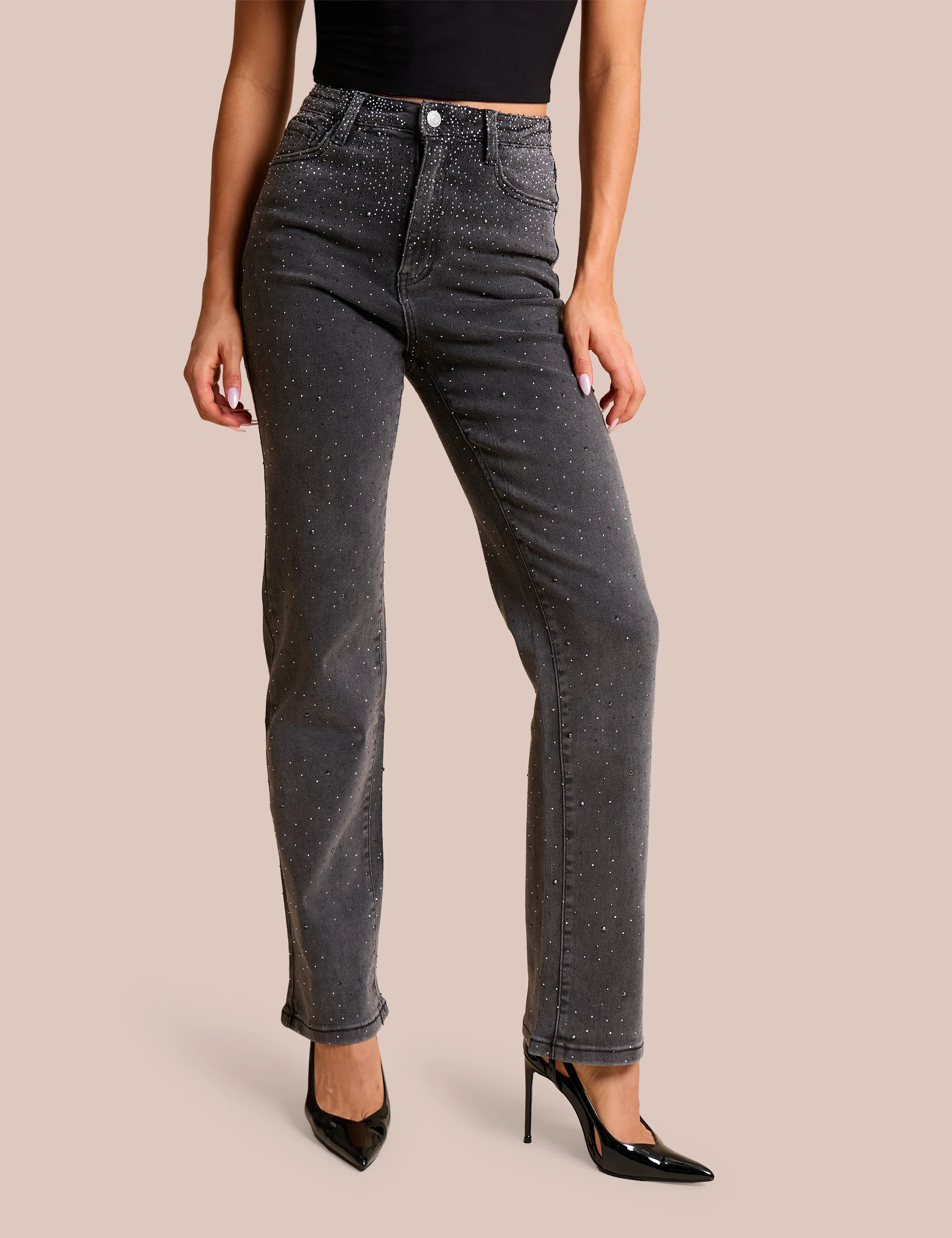 Straight Leg Stretch Stud Detail Black Jeans - Image 3