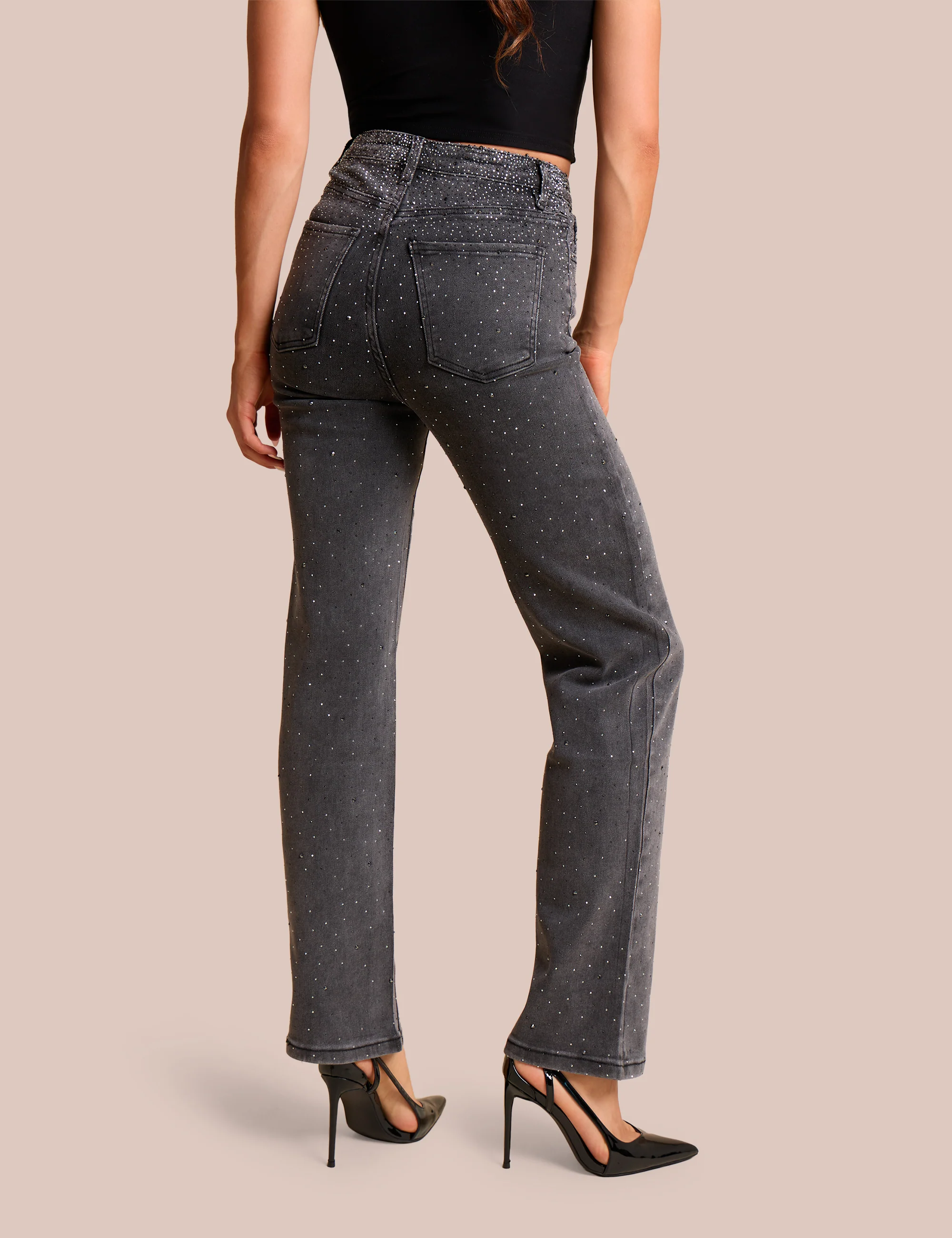 Straight Leg Stretch Stud Detail Black Jeans - Image 4