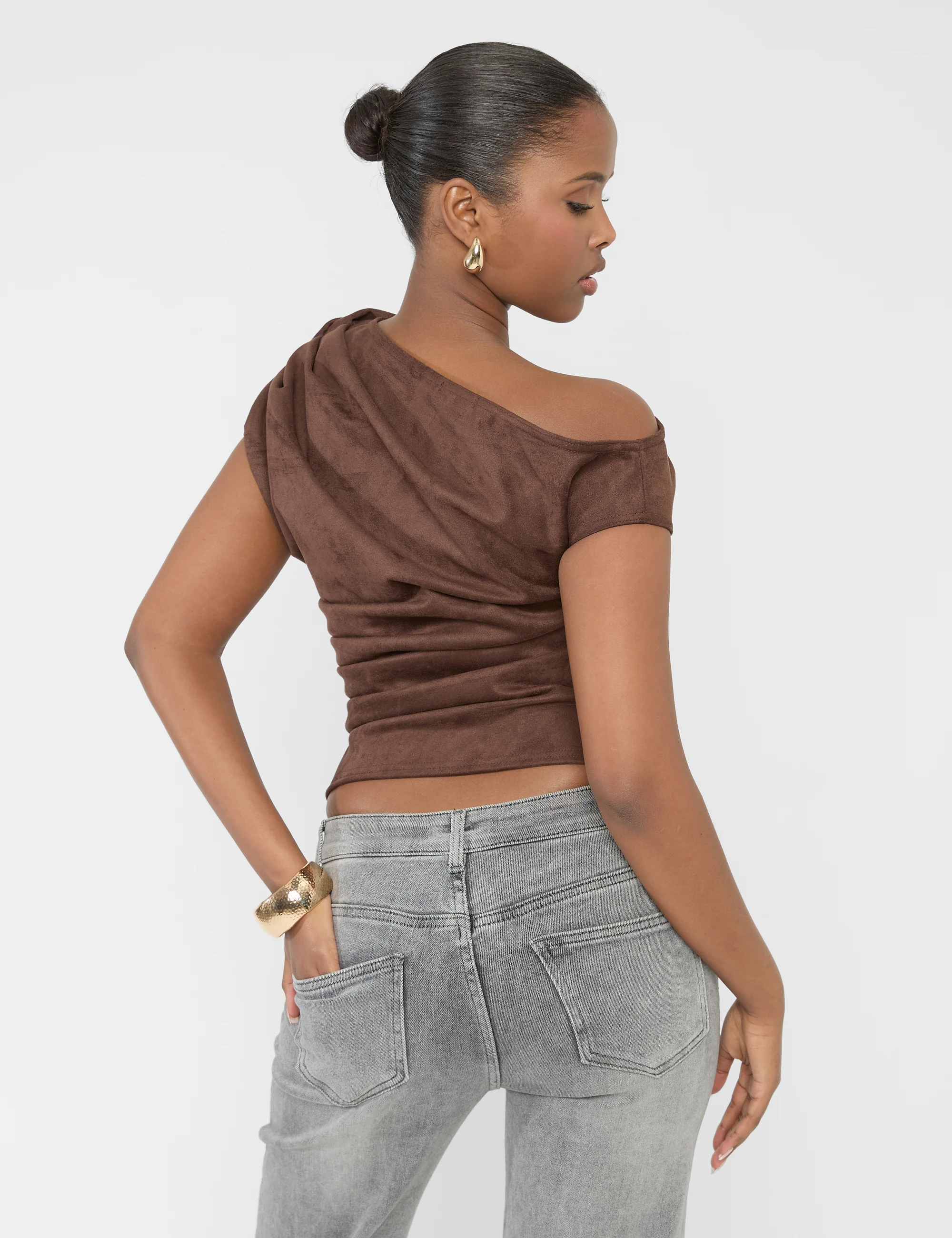 Suedette One Shoulder Ruched Top Chocolate - Image 3