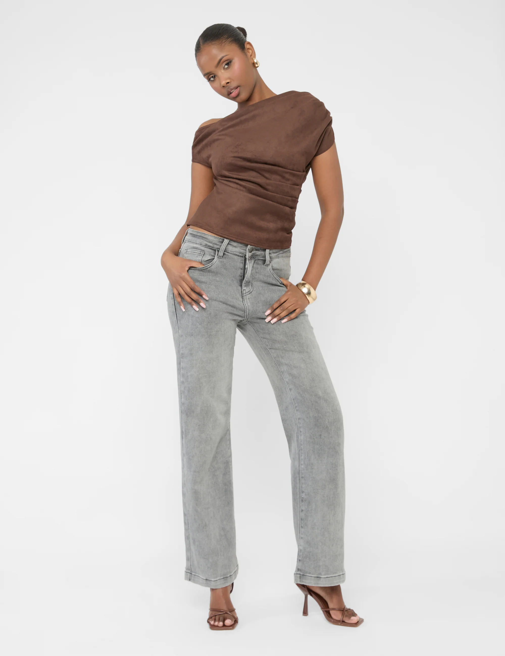 Suedette One Shoulder Ruched Top Chocolate - Image 5