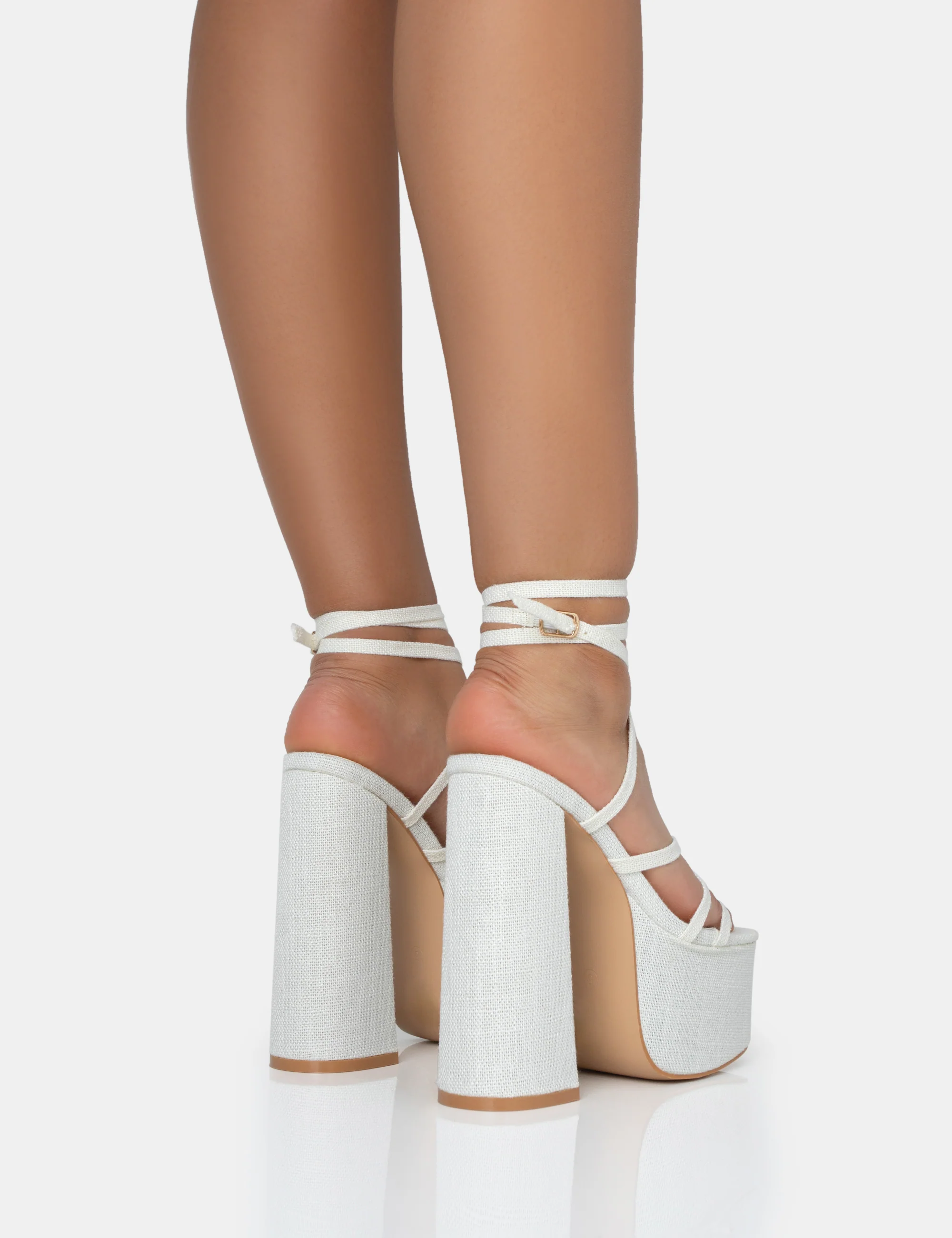 Suki Ecru Linen Strappy Platform Square Toe Block Heels - Image 4