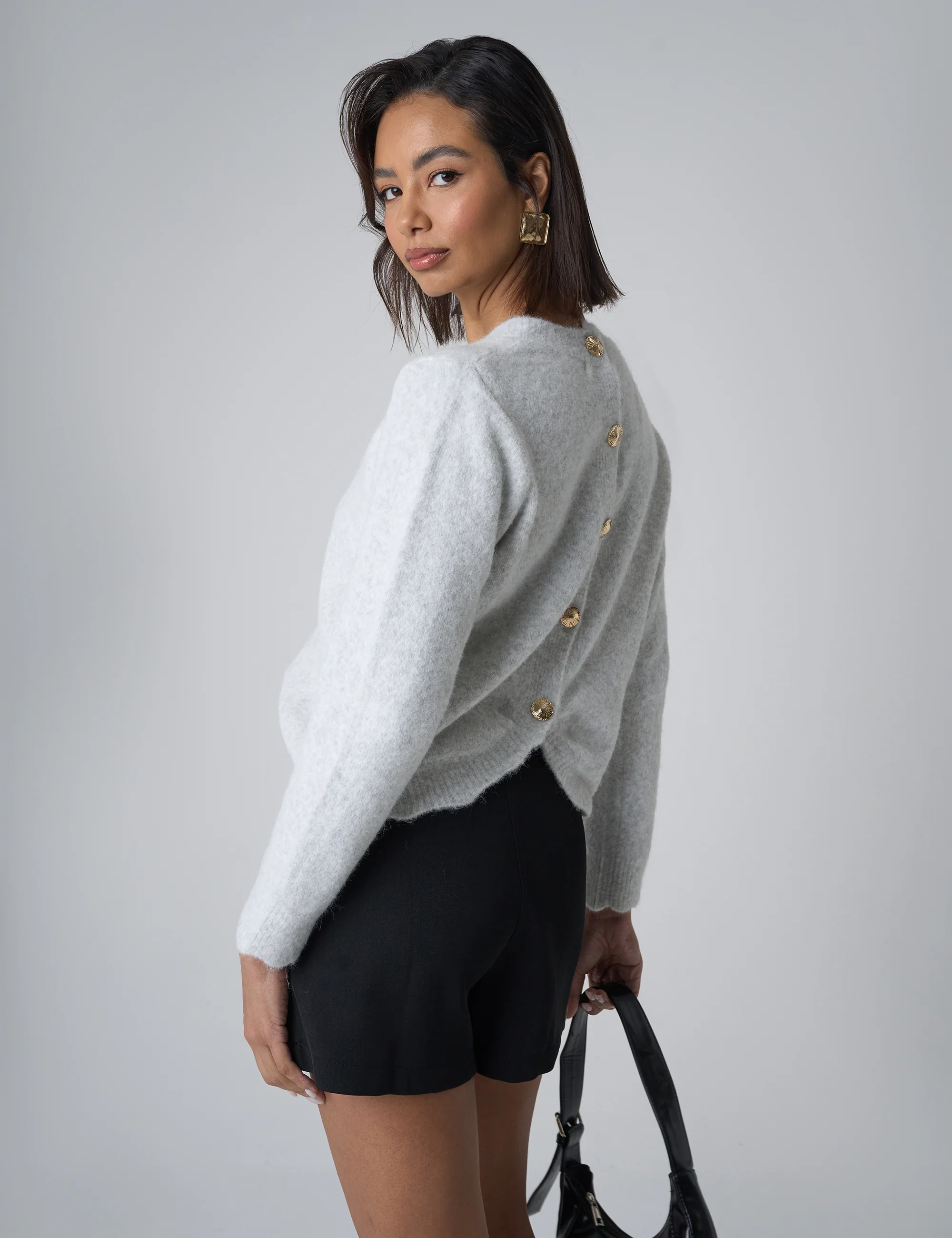 Gold Button Detail Knit Cardigan Grey - Image 3