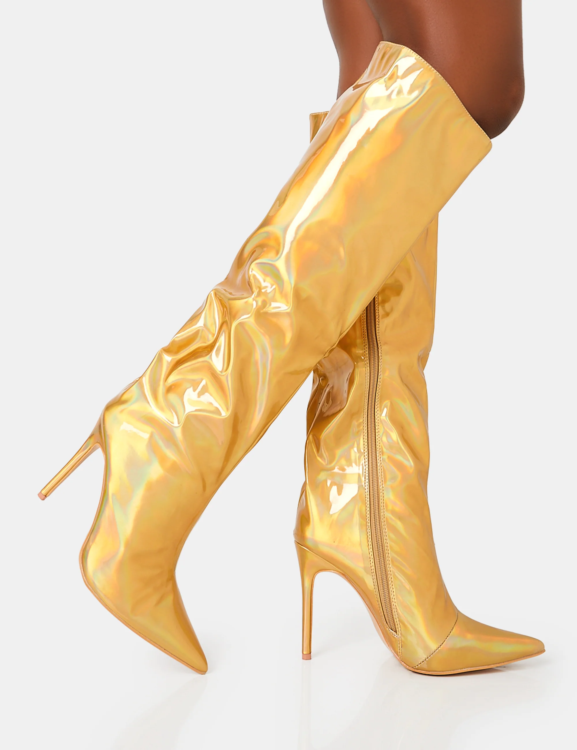 Tai Wide Fit Gold Metallic Pointed Toe Stiletto Knee High Boots - Image 2