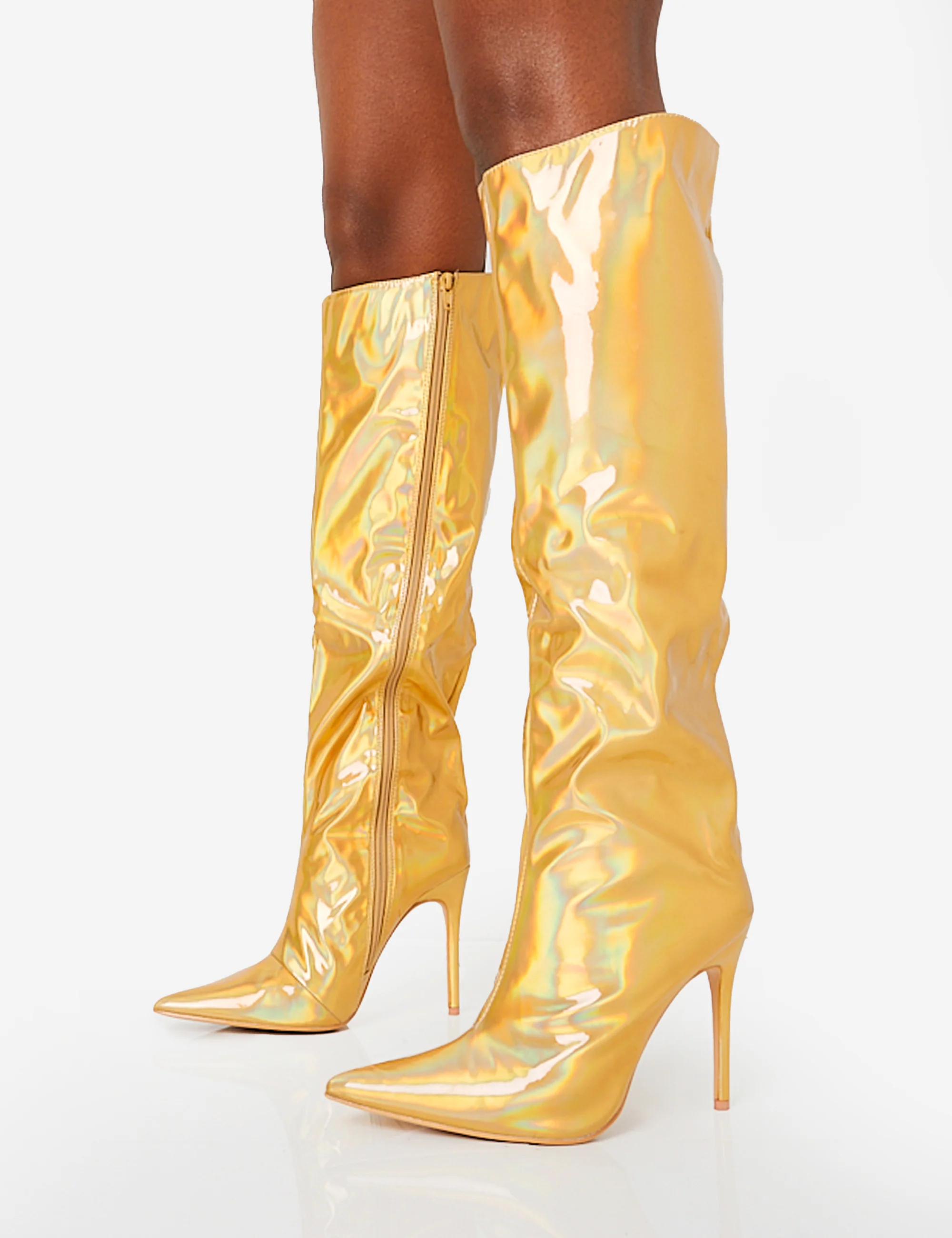 Tai Wide Fit Gold Metallic Pointed Toe Stiletto Knee High Boots - Image 3