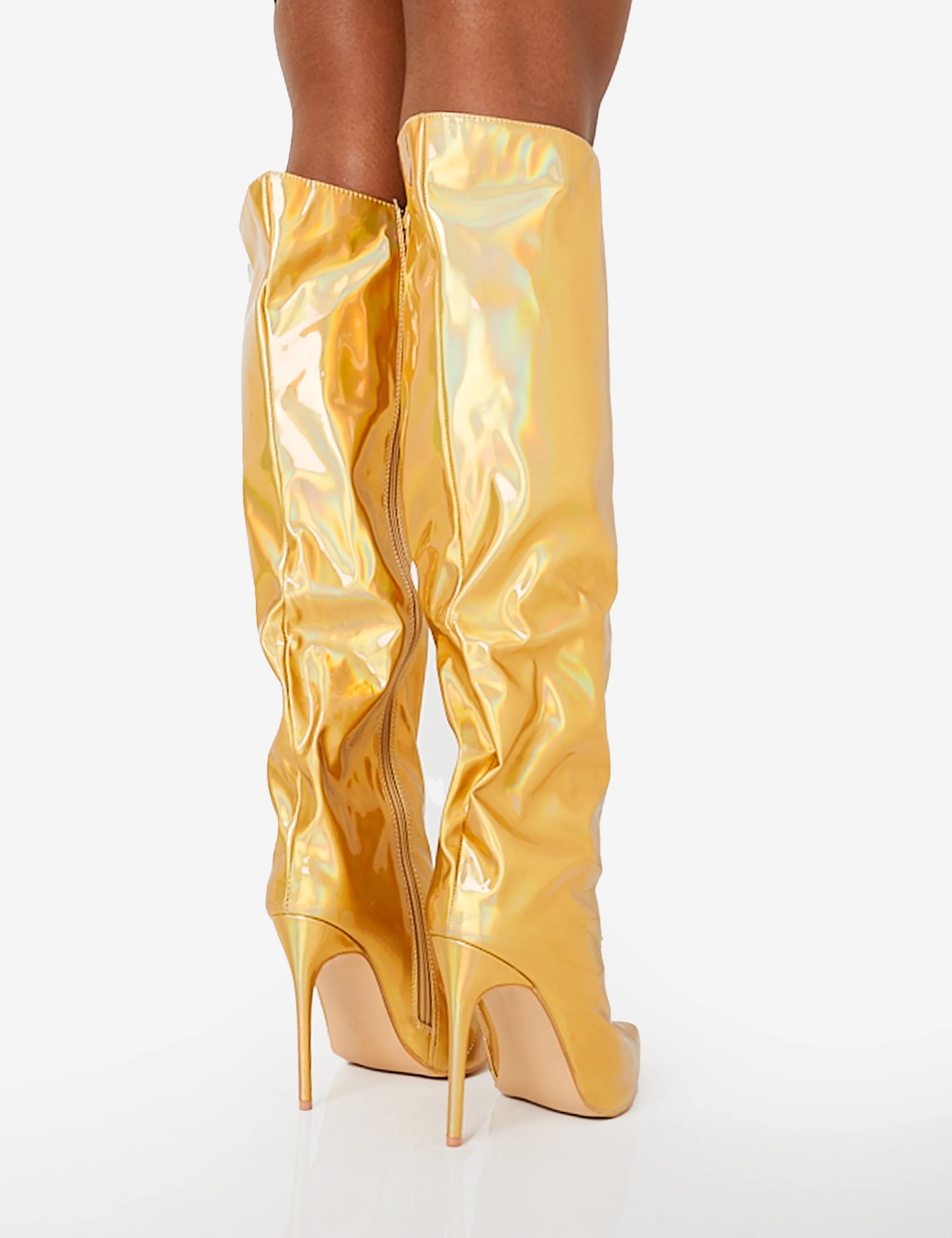 Tai Wide Fit Gold Metallic Pointed Toe Stiletto Knee High Boots - Image 4