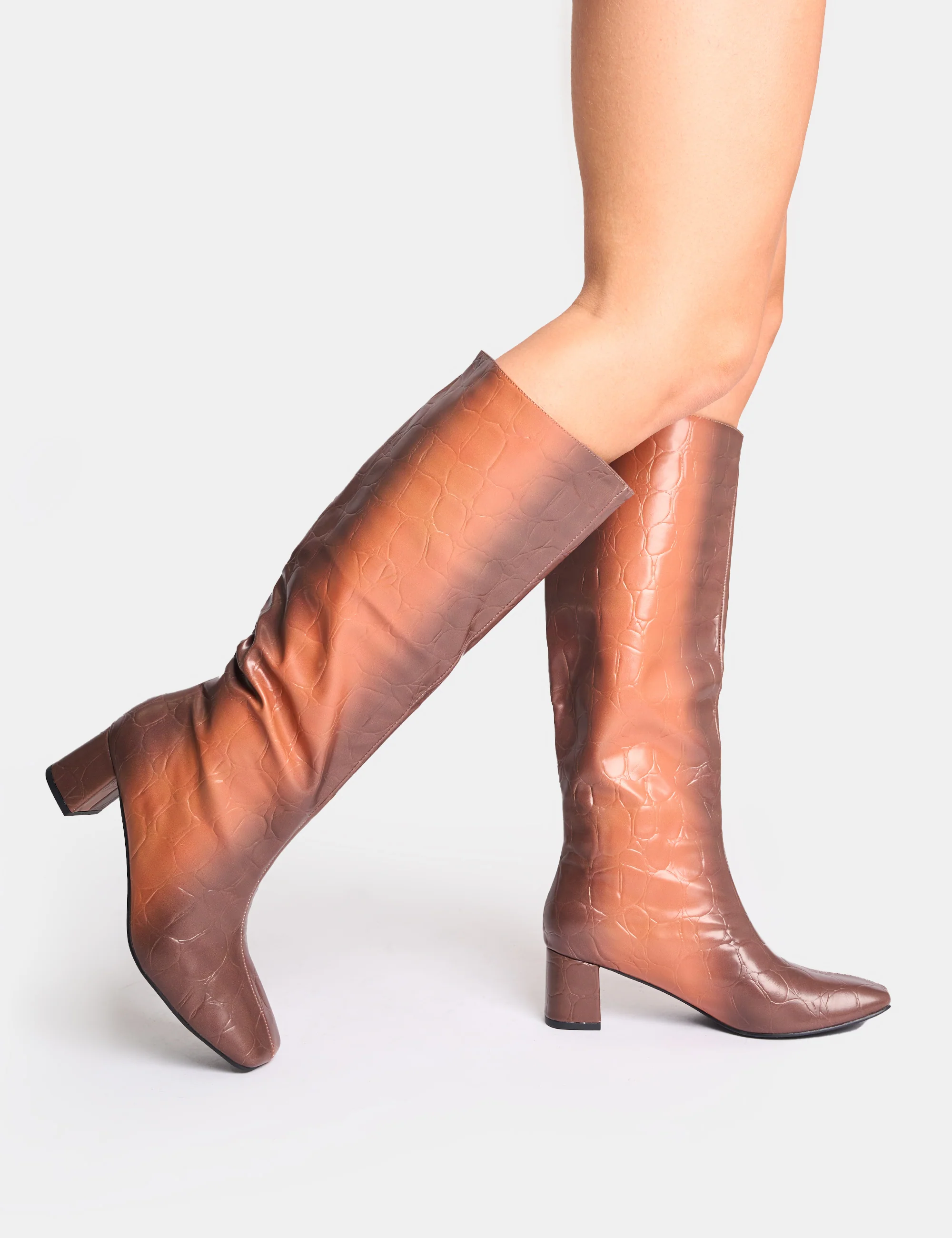 Tamira Brown Ombre Block Heel Knee High Boots - Image 2