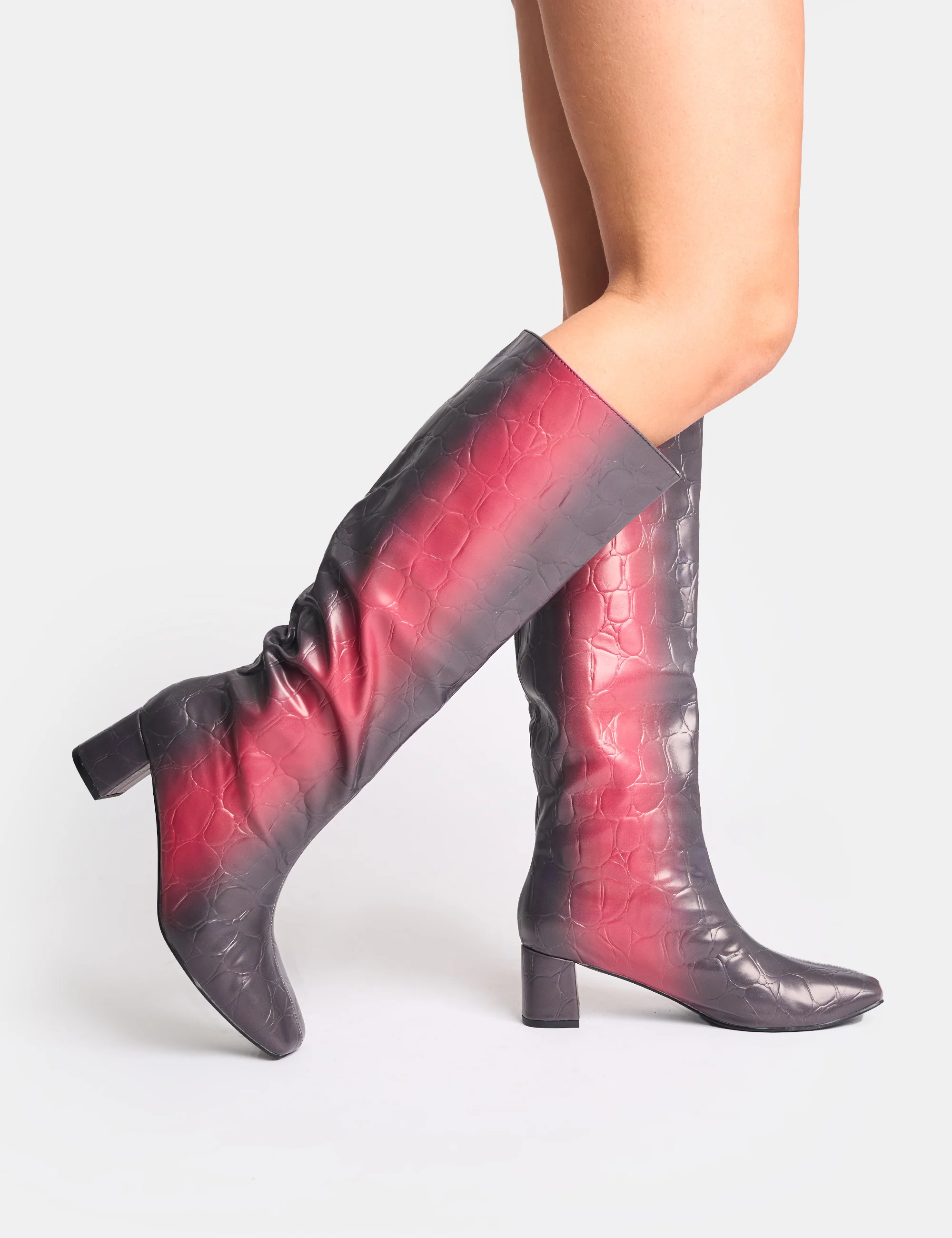 Tamira Red Ombre Block Heel Knee High Boots - Image 2