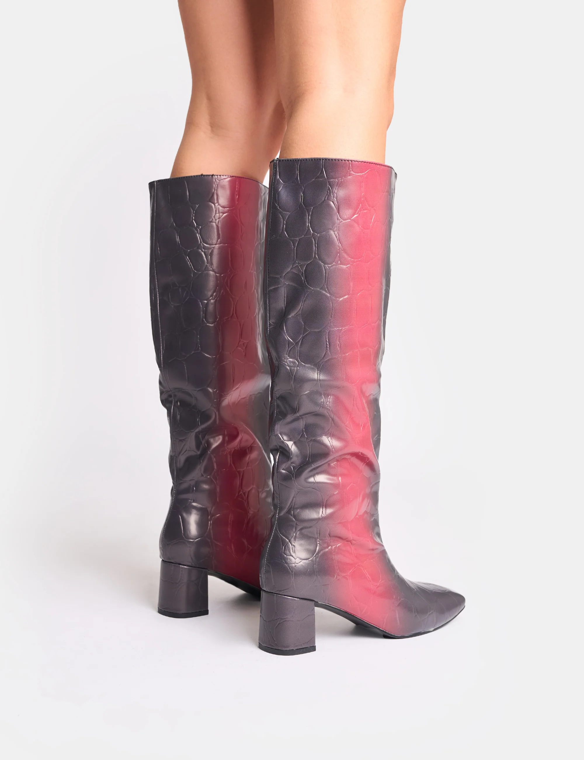 Tamira Red Ombre Block Heel Knee High Boots - Image 3