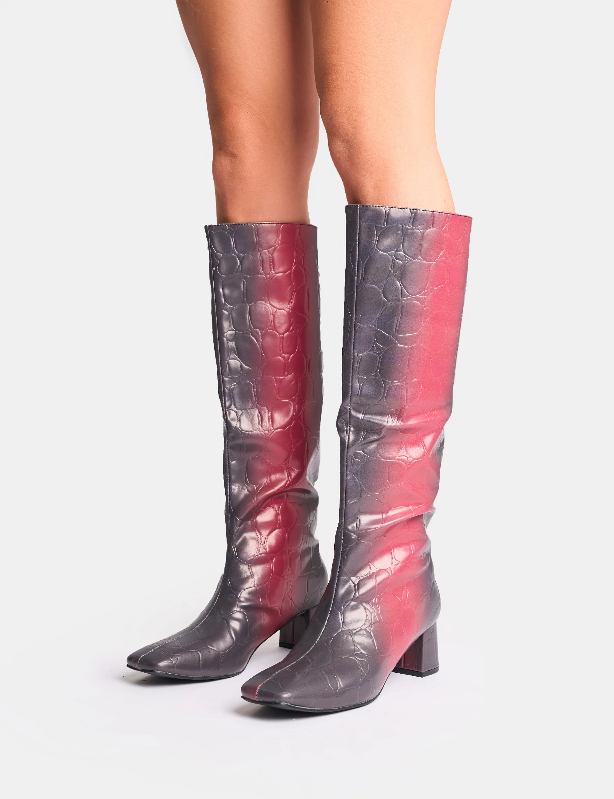 Tamira Red Ombre Block Heel Knee High Boots - Image 4