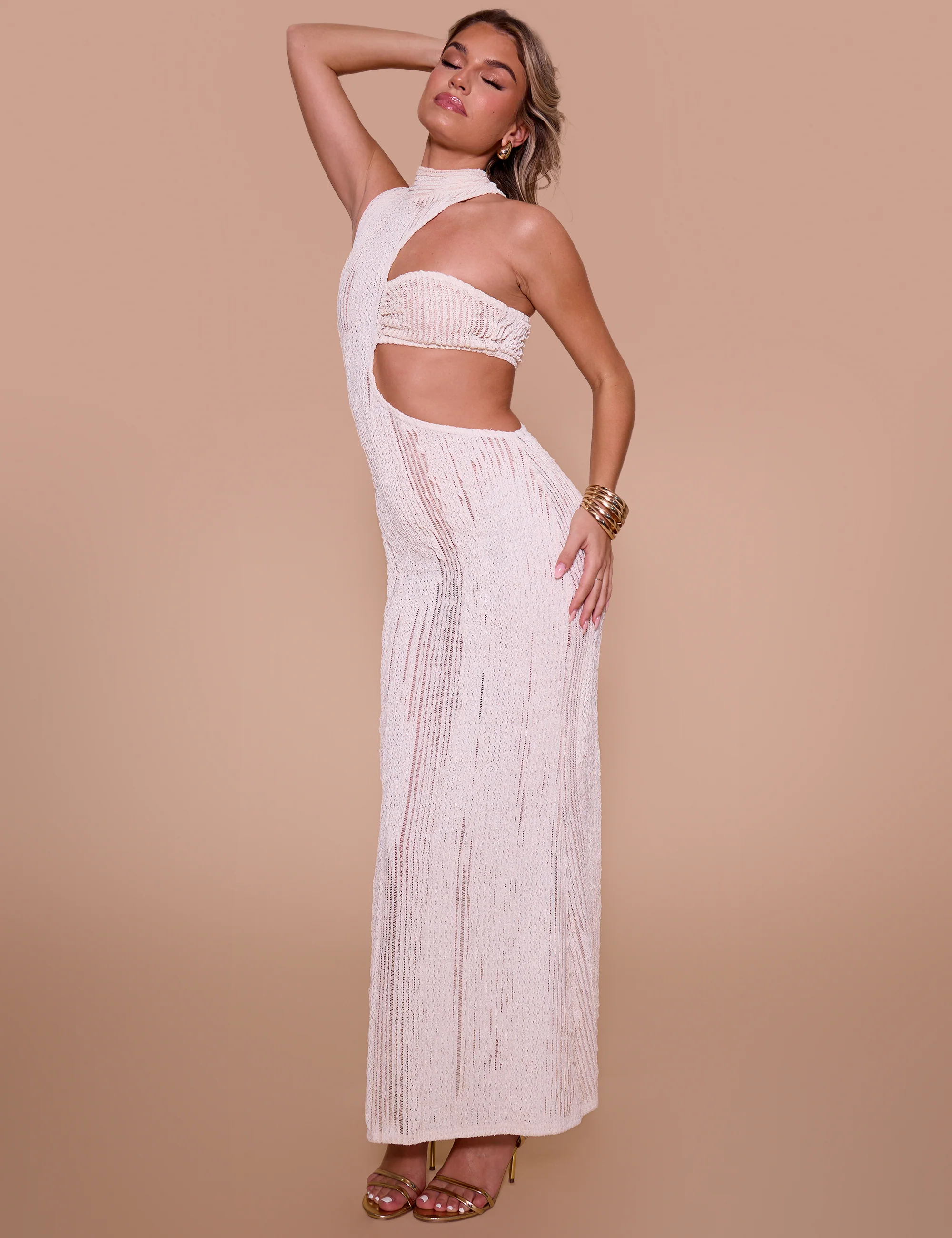 Textured Asymmetric Cut Out Maxi Dress Cream - Image 3
