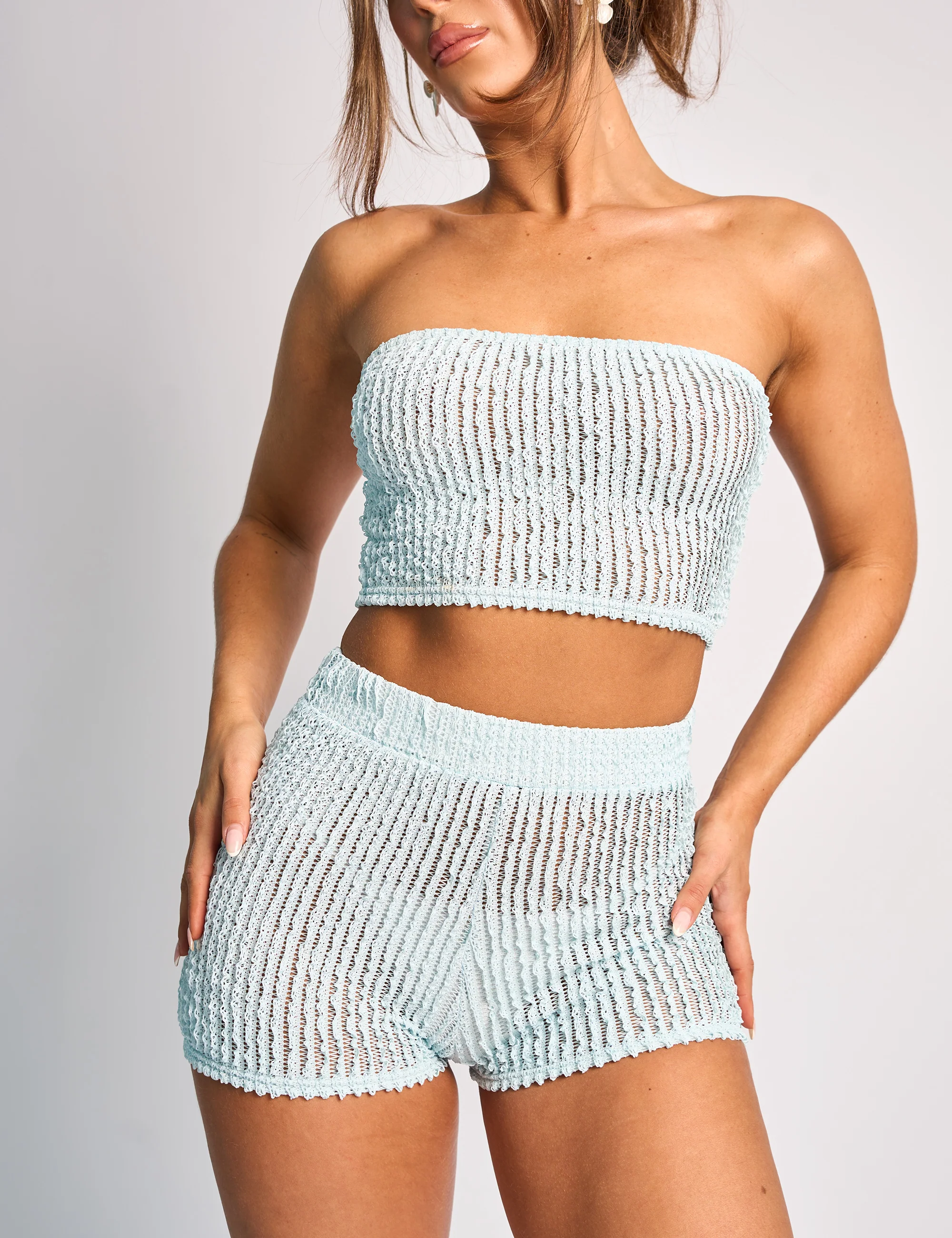 Textured Bandeau Crop Top Co Ord Blue - Image 4