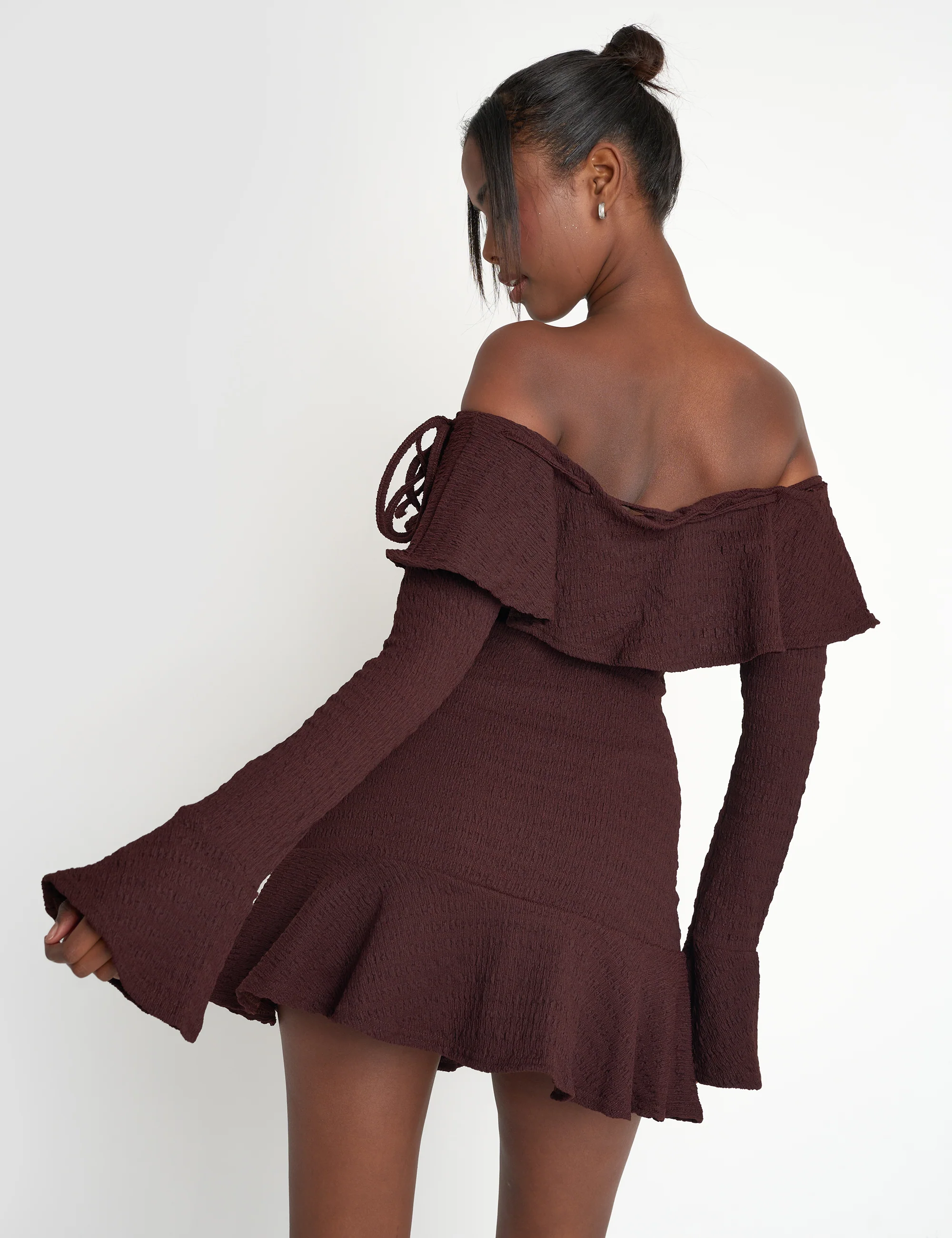 Textured Bardot Mini Dress Chocolate - Image 2