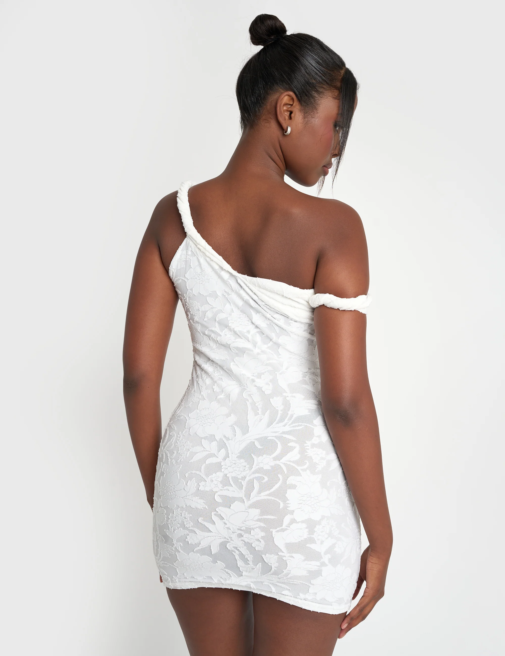 Textured Floral Twist Strap Mini Dress White - Image 2