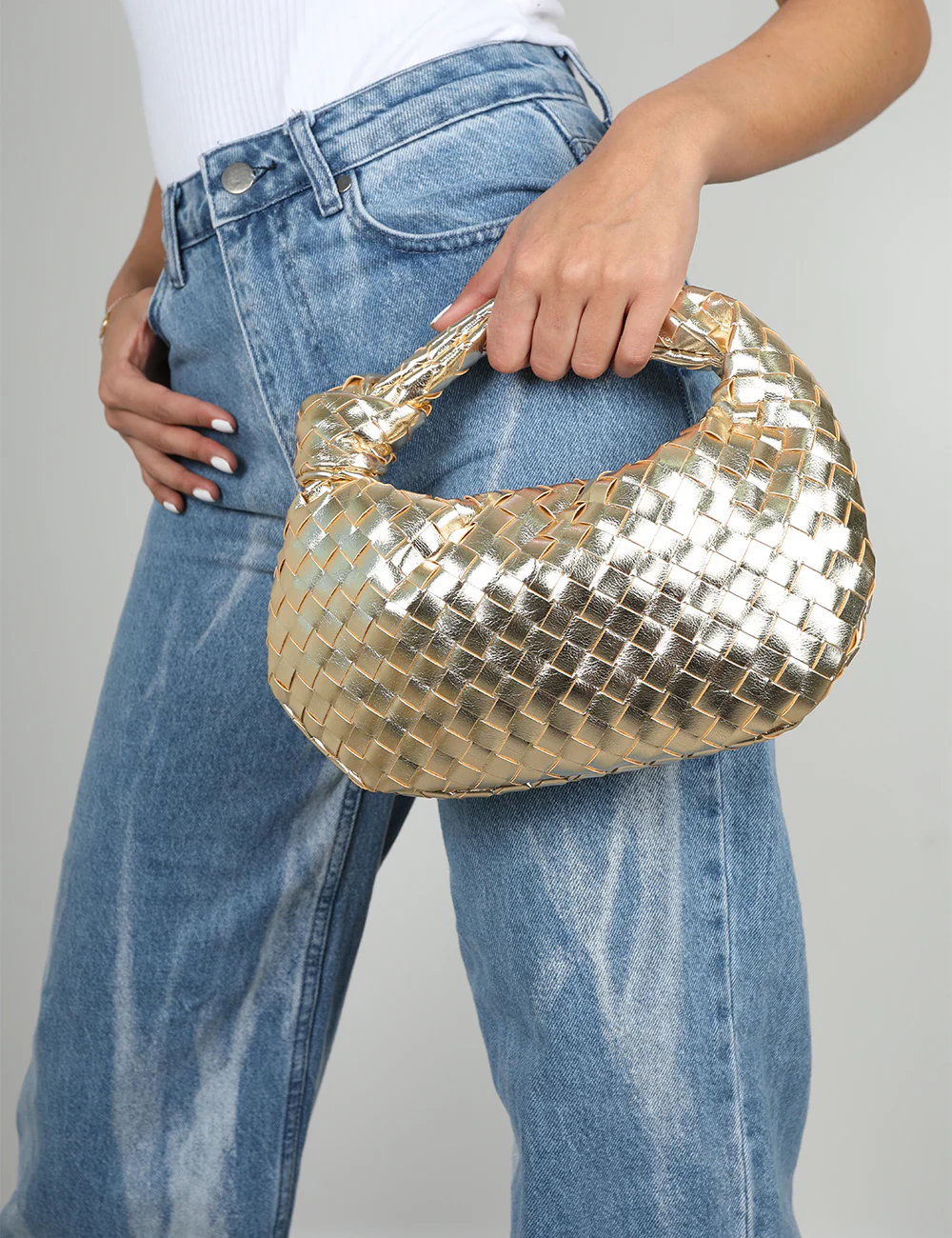 The Blame Metallic Gold Woven PU Knot Detail Mini Grab Bag - Image 4