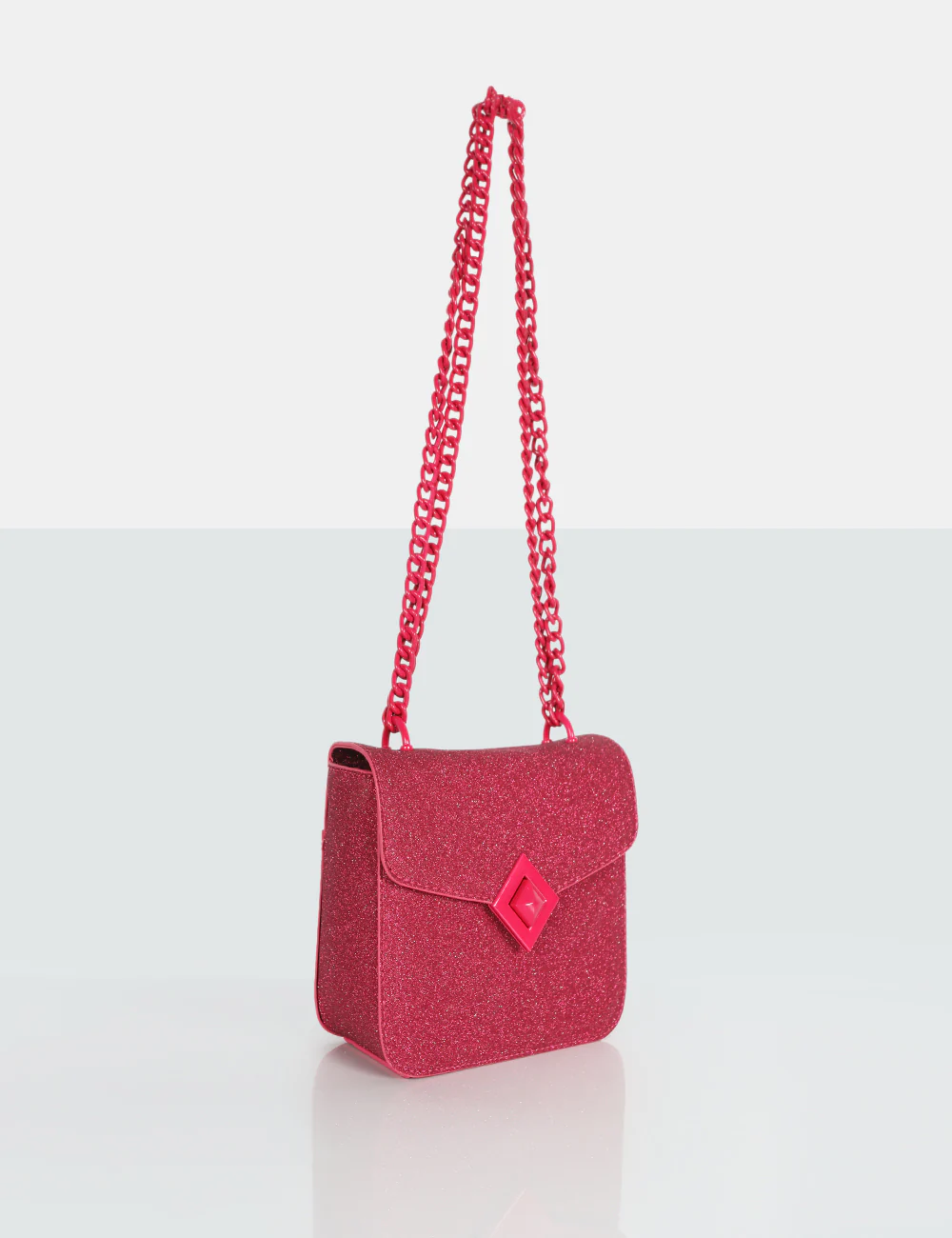 The Pixie Hot Pink Glitter Bag Chain Detail Shoulder Bag - Image 5