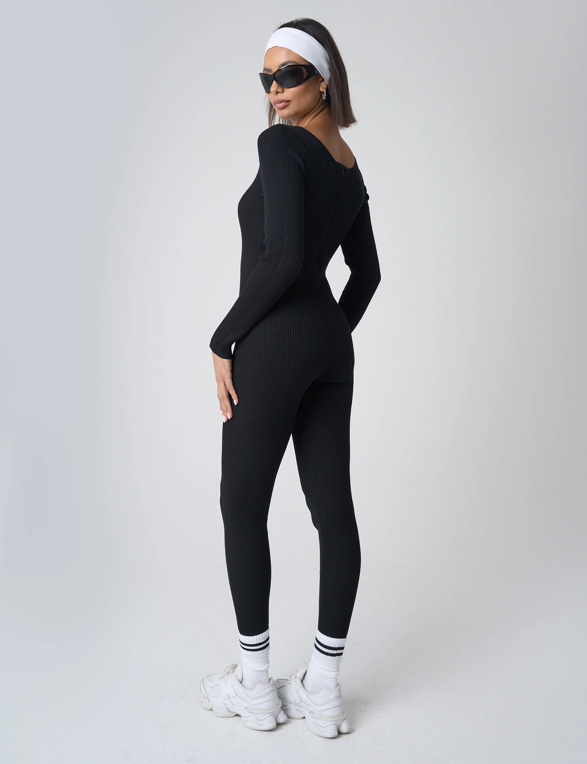 Tie Front Ribbed Long Sleeve Unitard Black - Image 3