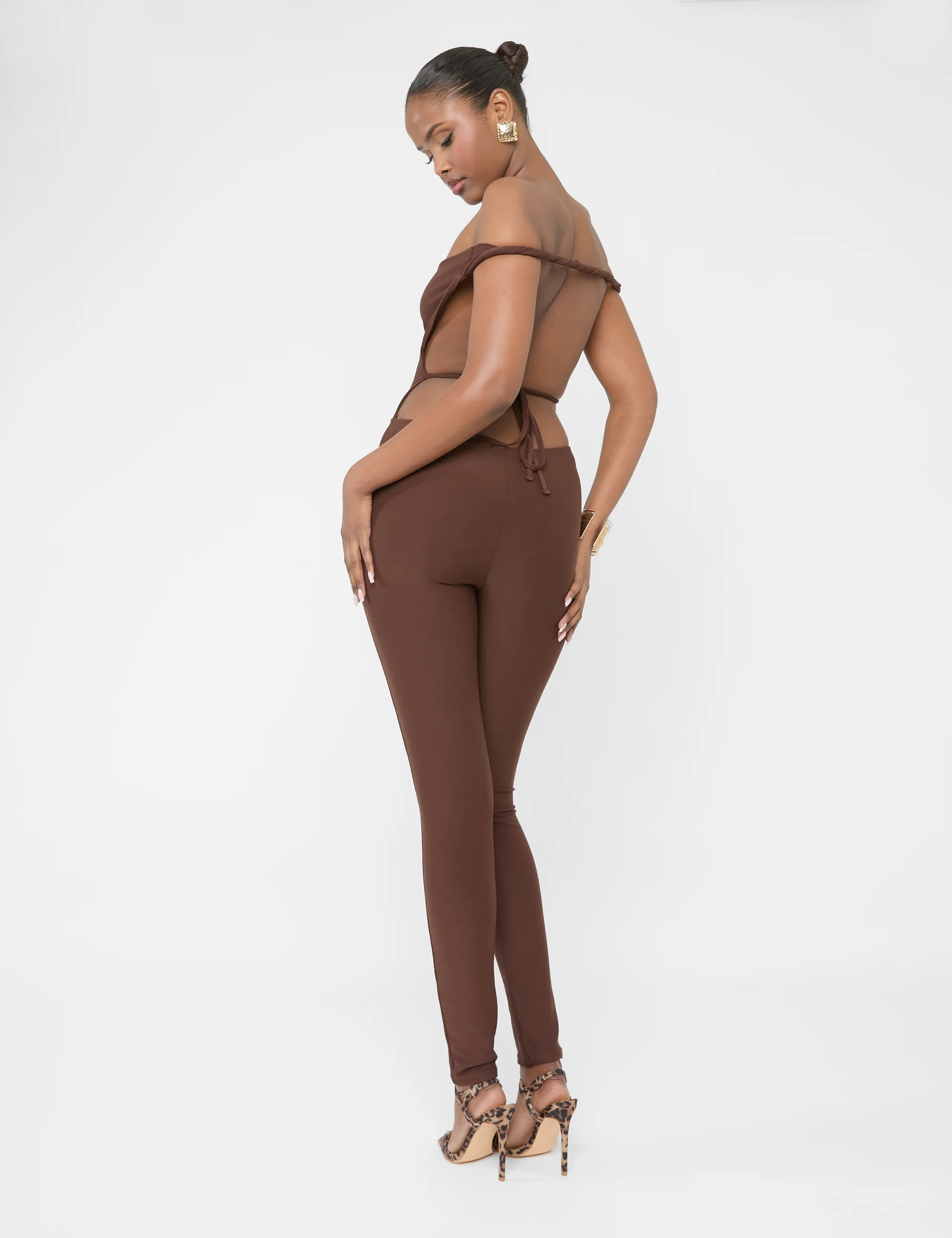 Twist Back Detail Off The Shoulder Luxe Slinky Jumpsuit Brown - Image 2