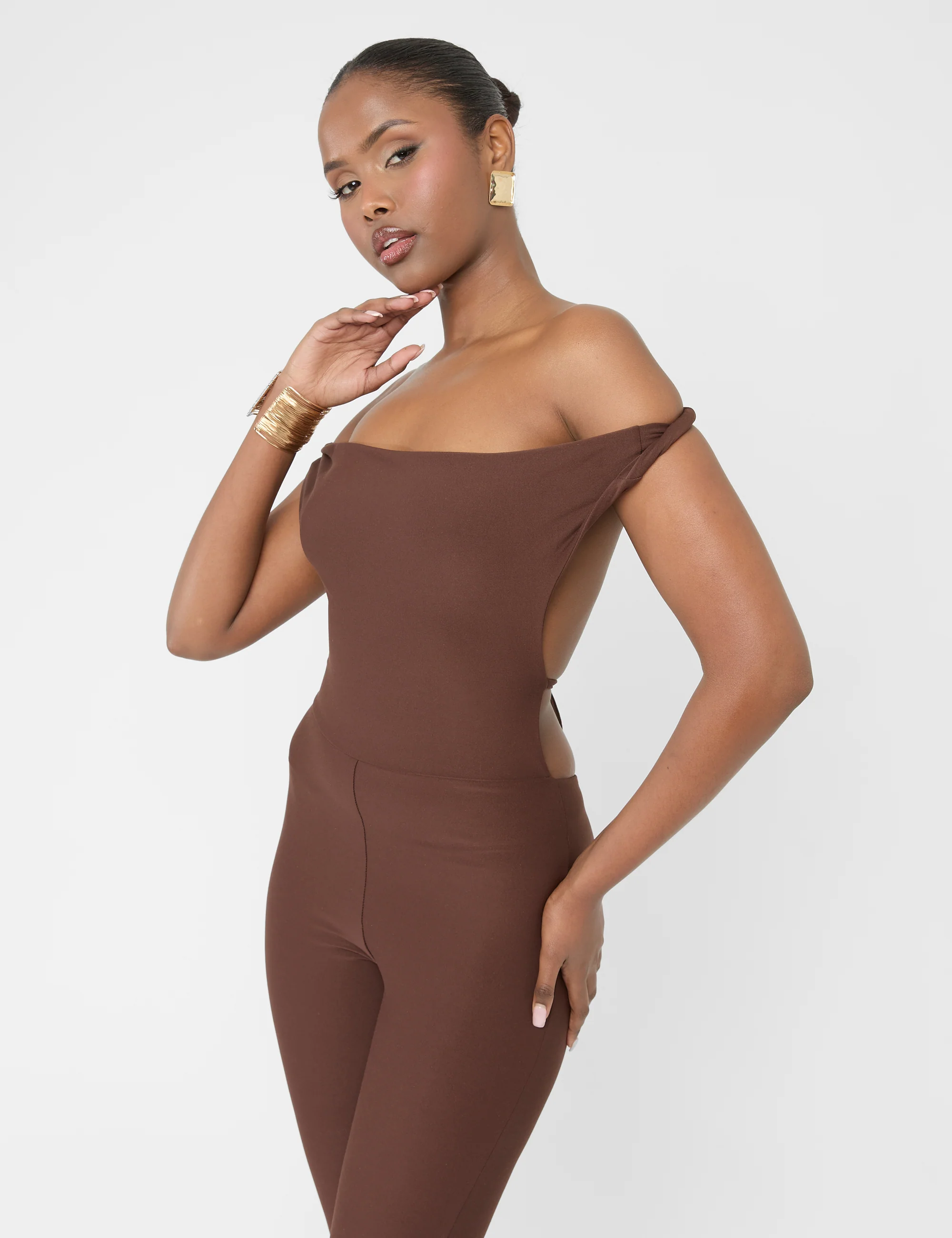 Twist Back Detail Off The Shoulder Luxe Slinky Jumpsuit Brown - Image 3