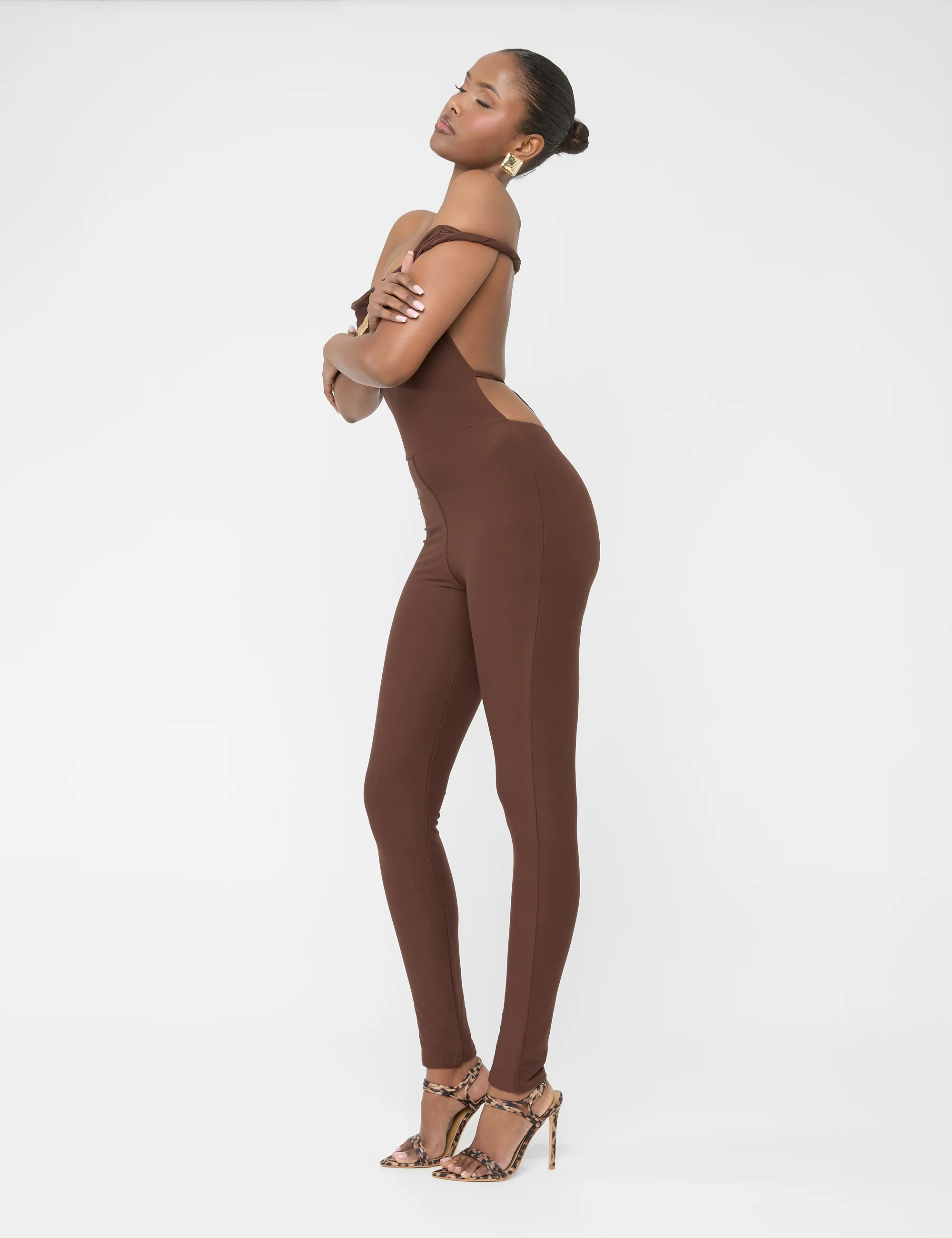 Twist Back Detail Off The Shoulder Luxe Slinky Jumpsuit Brown - Image 4