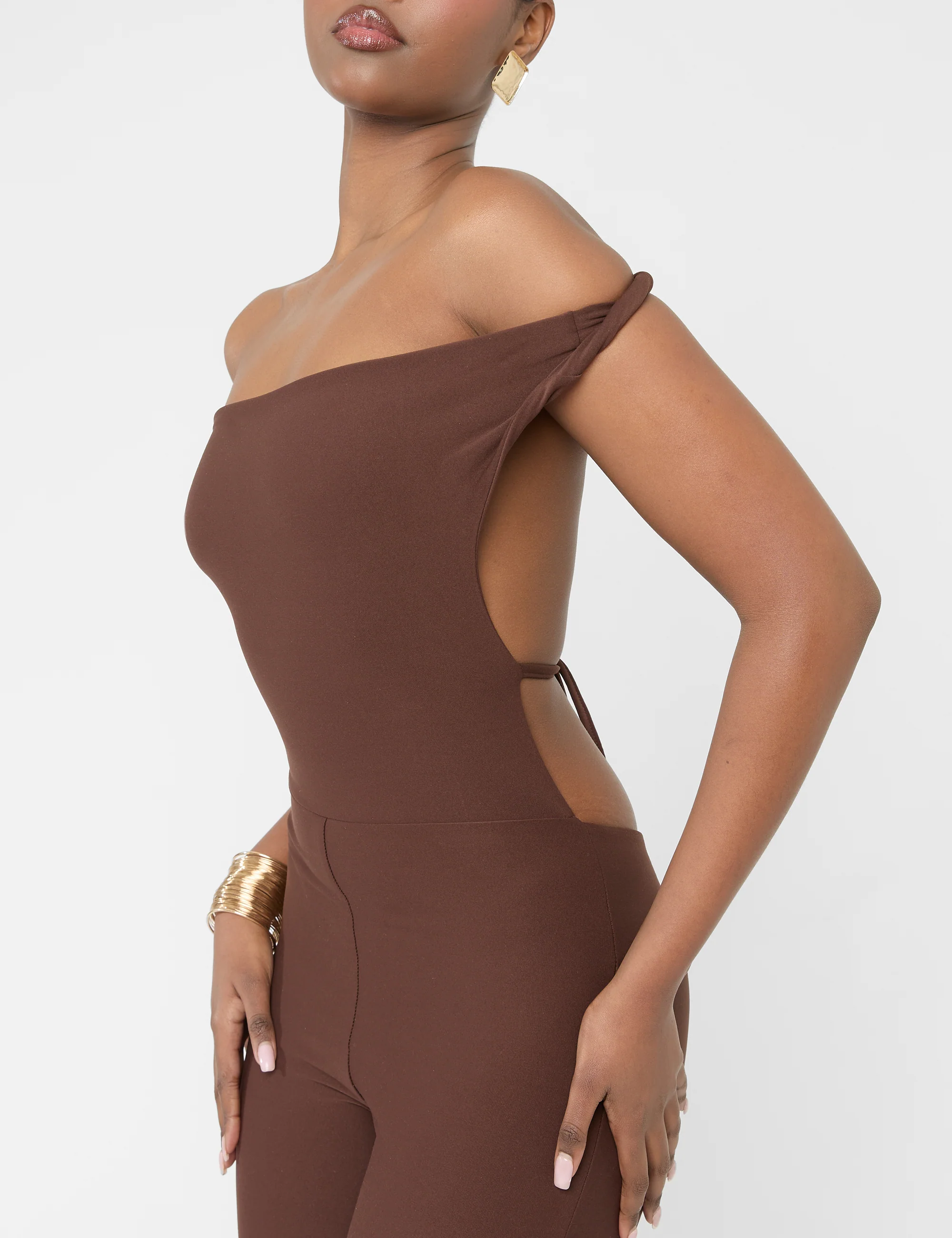 Twist Back Detail Off The Shoulder Luxe Slinky Jumpsuit Brown - Image 5