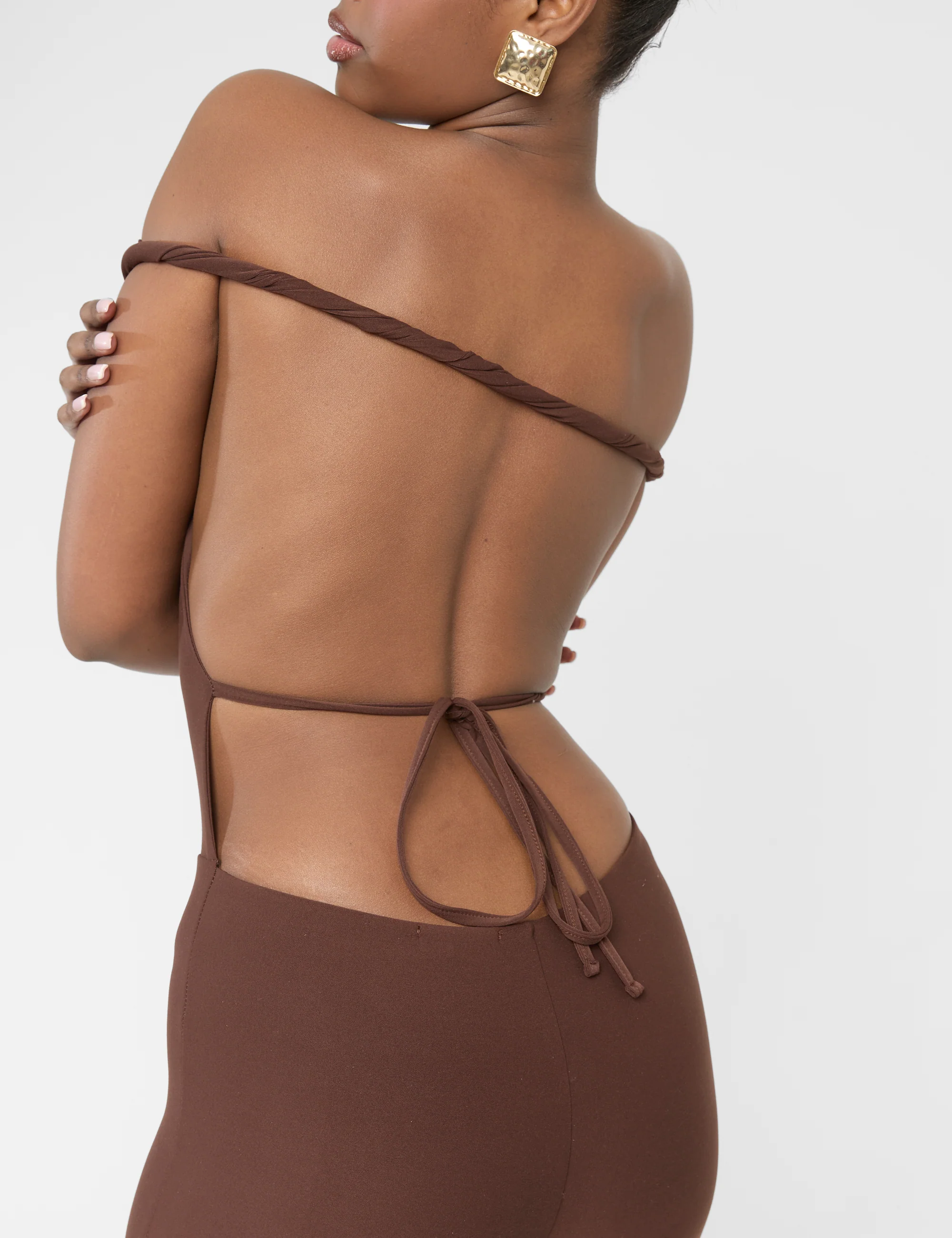 Twist Back Detail Off The Shoulder Luxe Slinky Jumpsuit Brown - Image 6