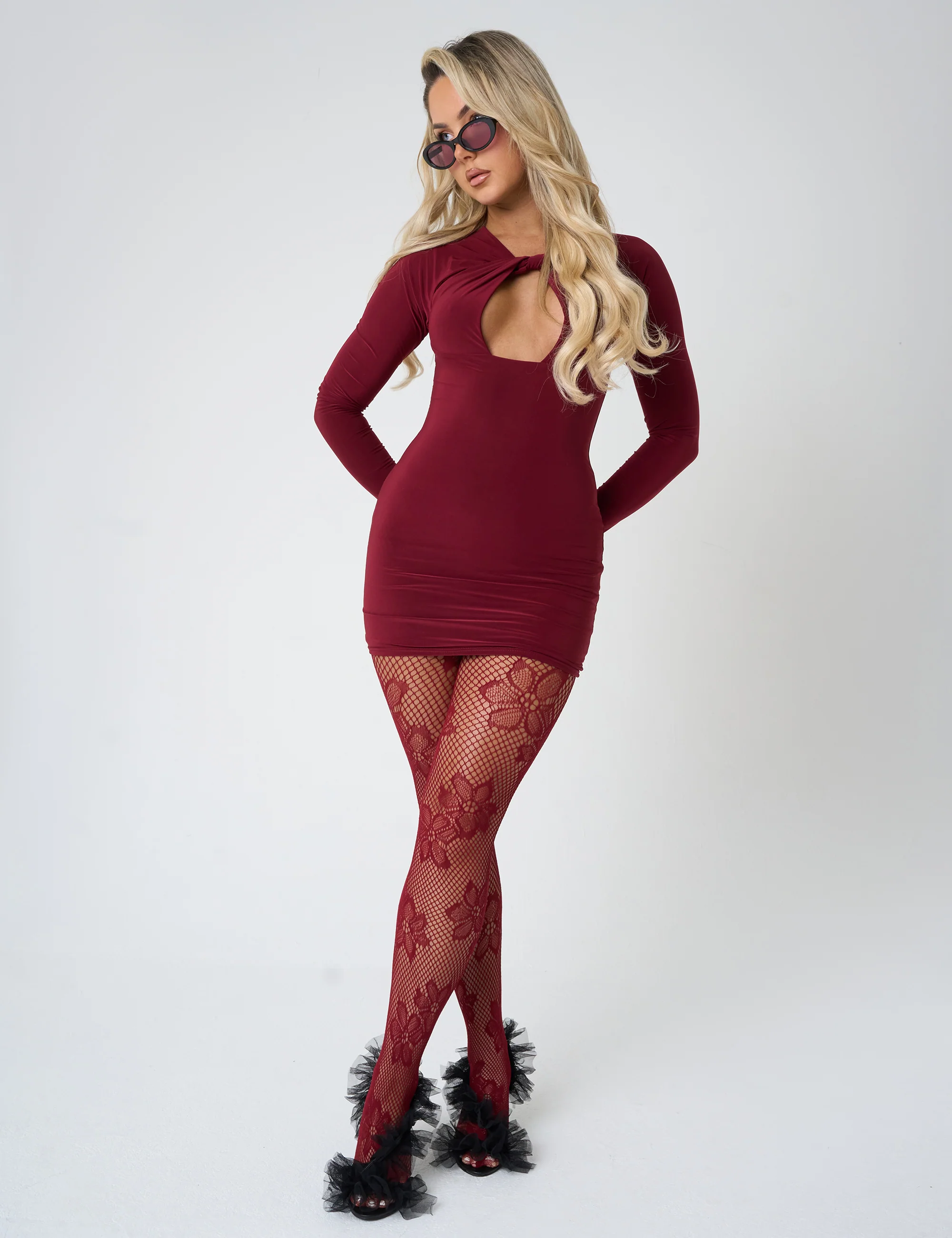 Twist Detail Plunge Mini Dress Burgundy - Image 10
