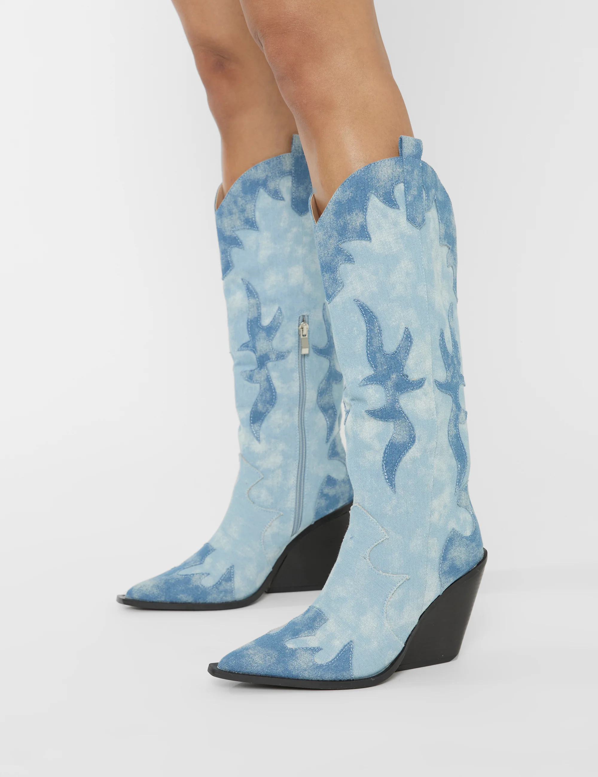 Underwood Mixed Denim Western Cowboy Block Heel Knee High Boots - Image 2