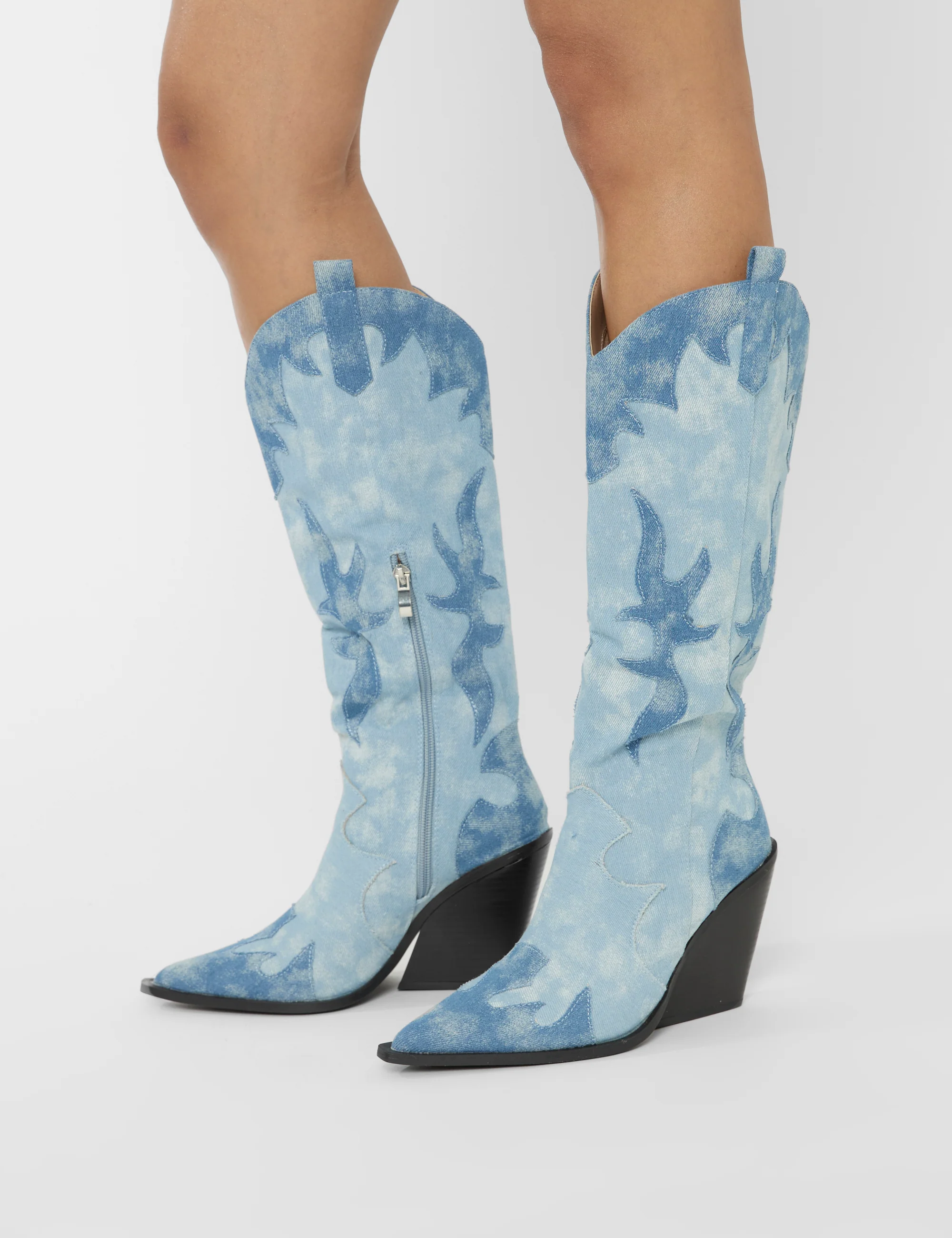 Underwood Mixed Denim Western Cowboy Block Heel Knee High Boots - Image 3