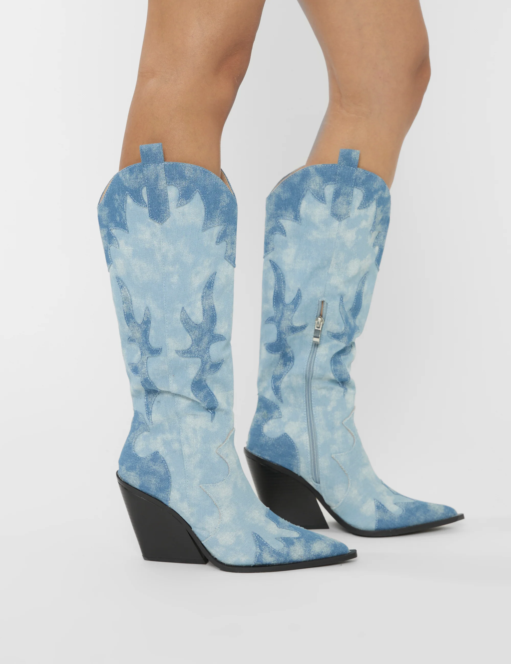 Underwood Mixed Denim Western Cowboy Block Heel Knee High Boots - Image 4