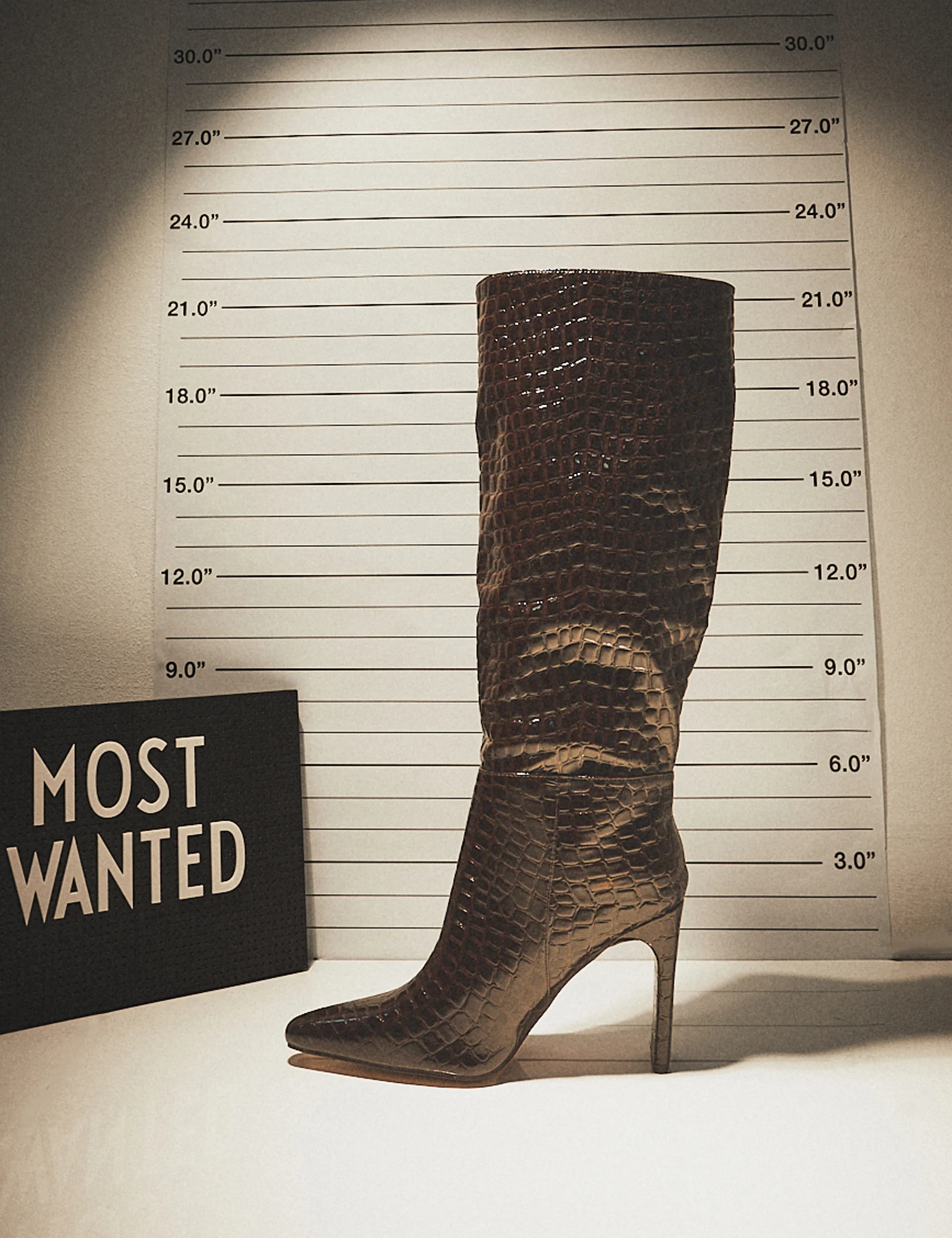 Undone Brown Patent Croc Knee High Zip Up Thin Block Heeled Boots - Image 4
