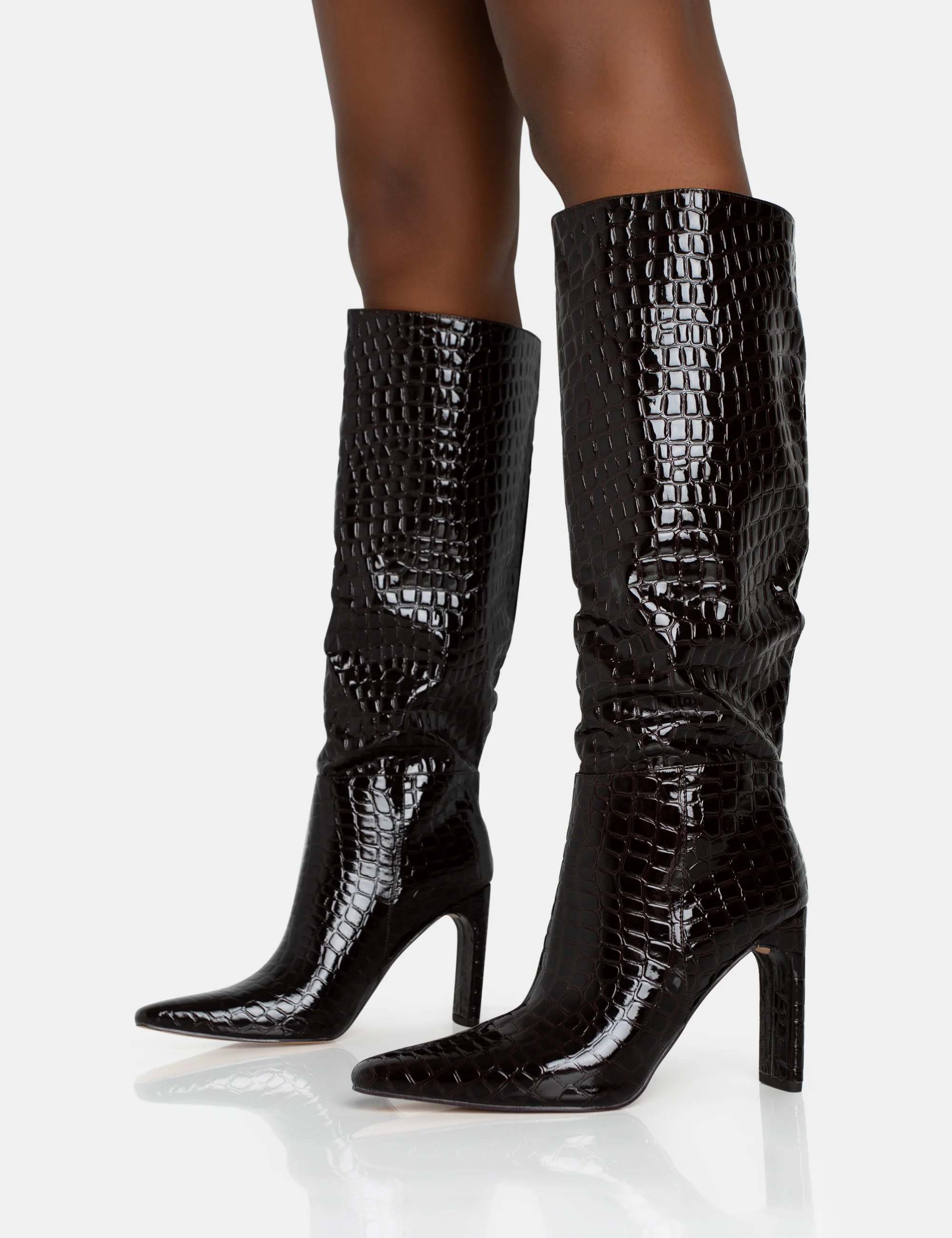 Undone Brown Patent Croc Knee High Zip Up Thin Block Heeled Boots - Image 7