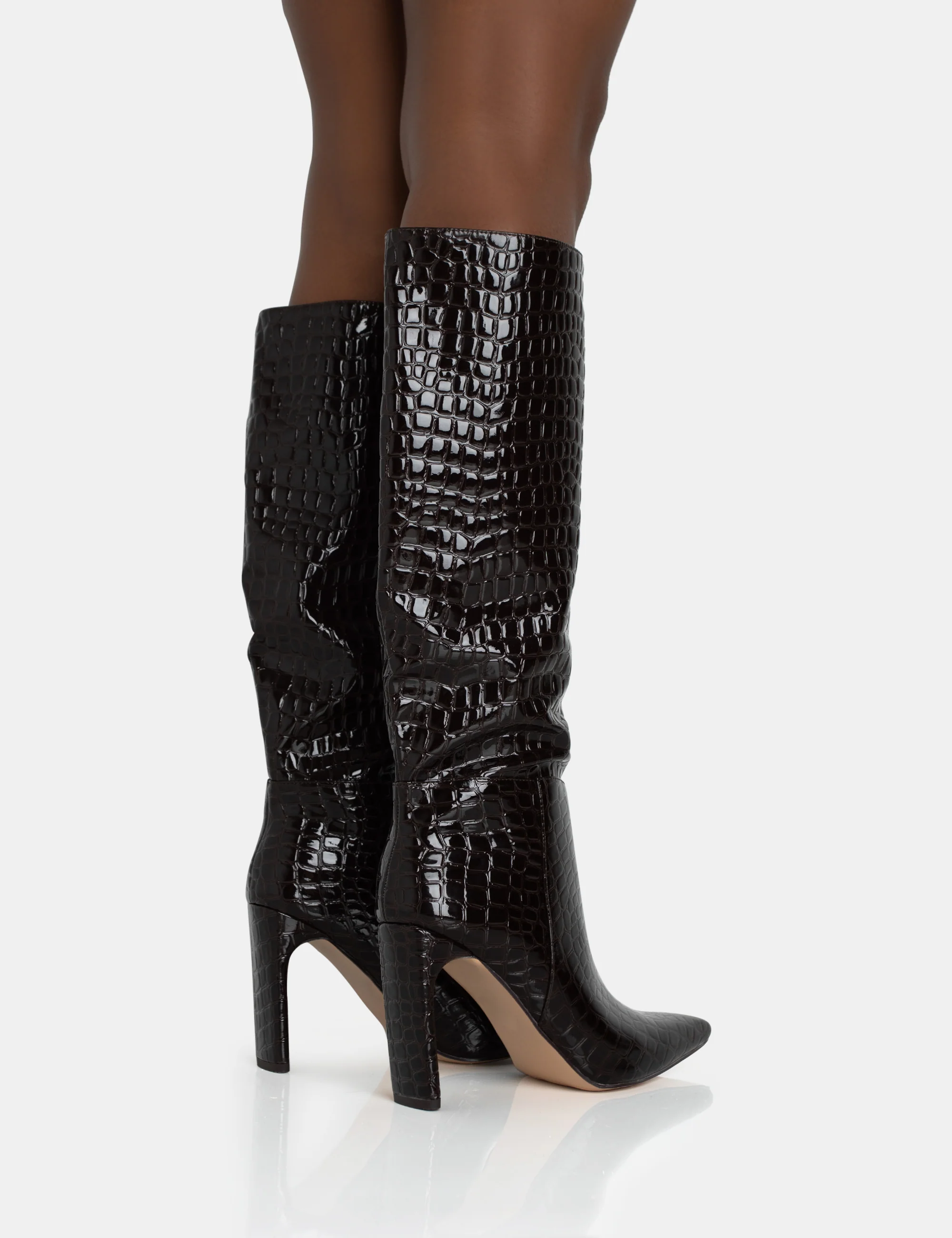 Undone Brown Patent Croc Knee High Zip Up Thin Block Heeled Boots - Image 8