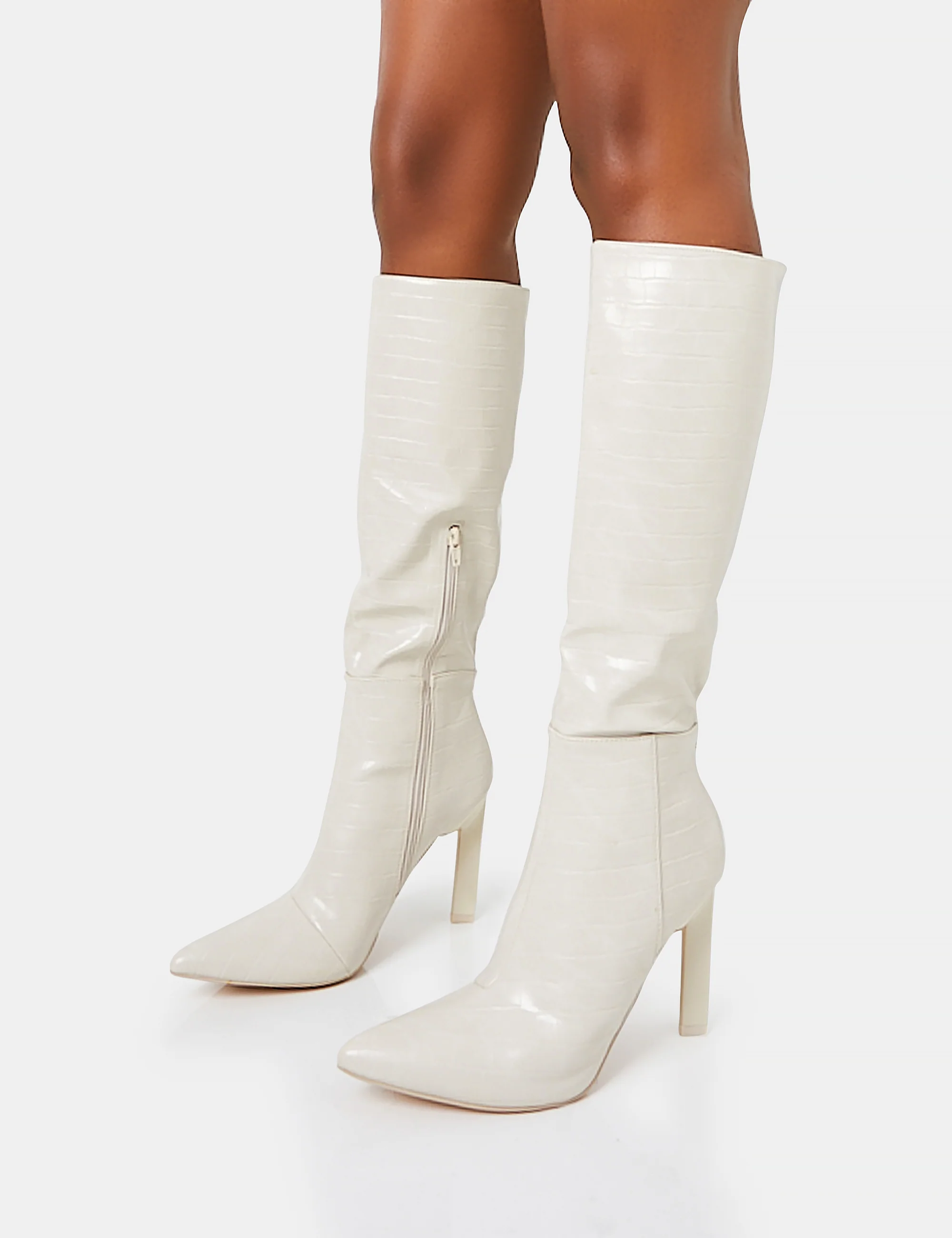 Unite Ecru Croc Pointed Toe  Knee High Block Heeled Boots - Image 3