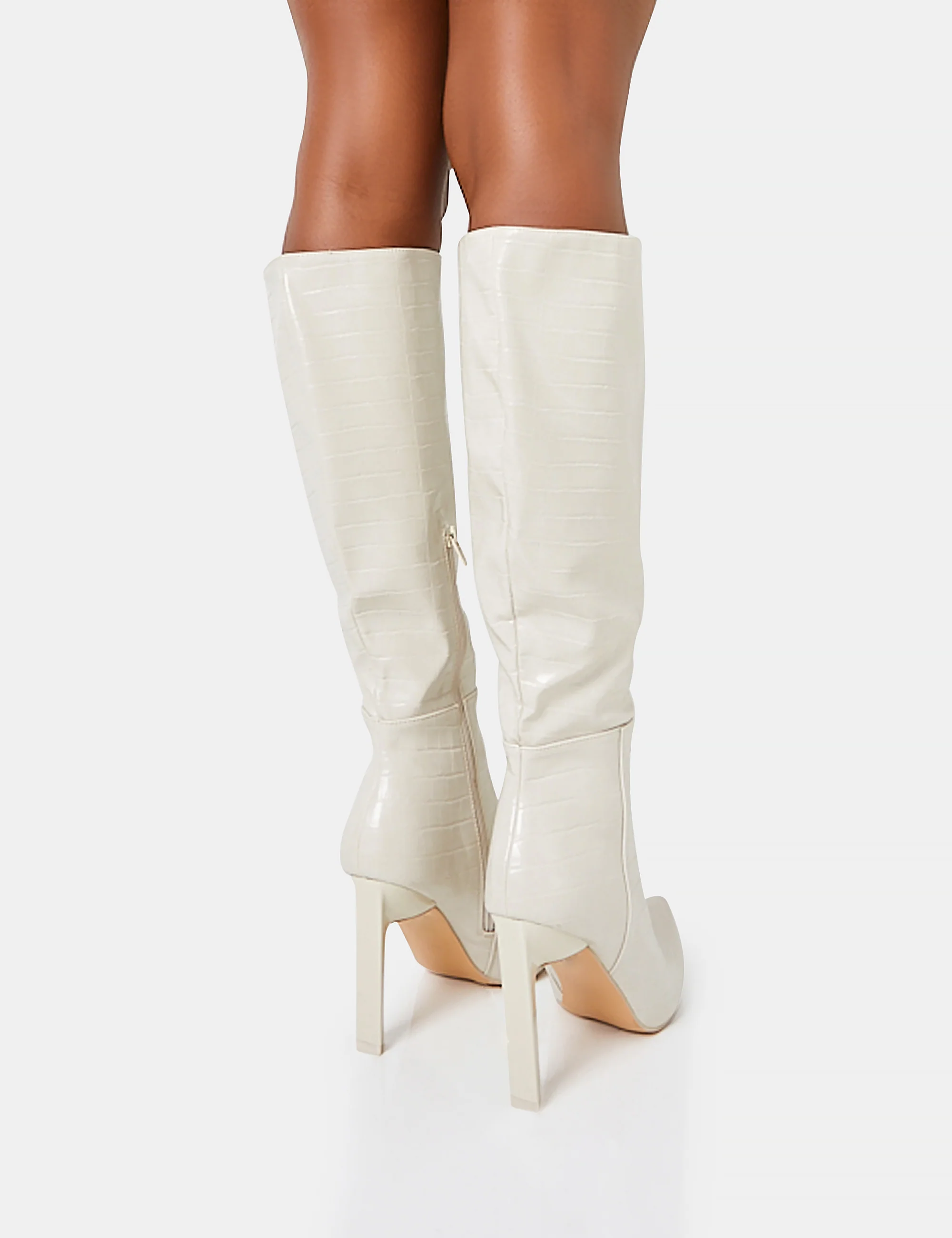 Unite Ecru Croc Pointed Toe  Knee High Block Heeled Boots - Image 4