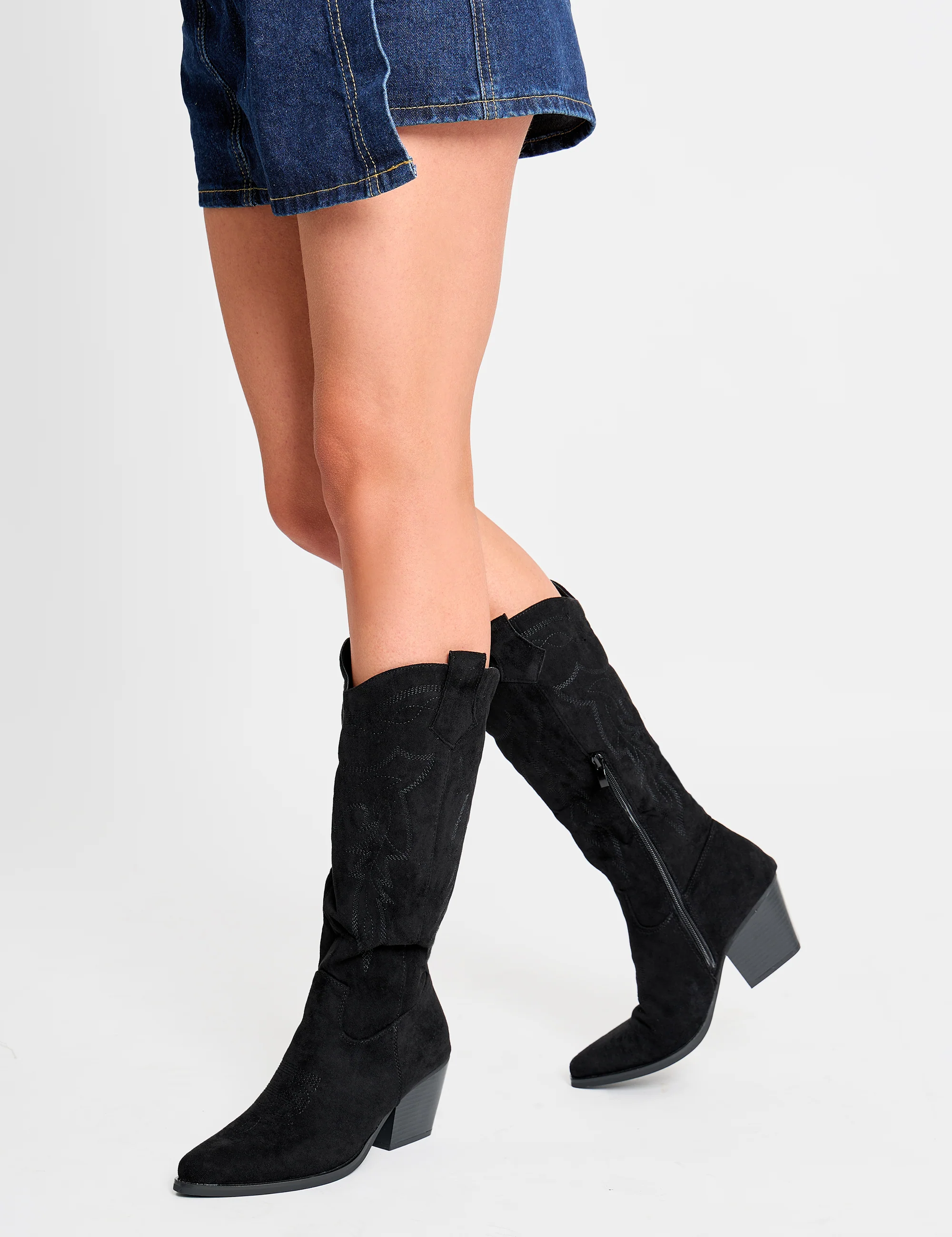 Uptown Girl Black Suedette Western Cowboy Knee High Boots - Image 3