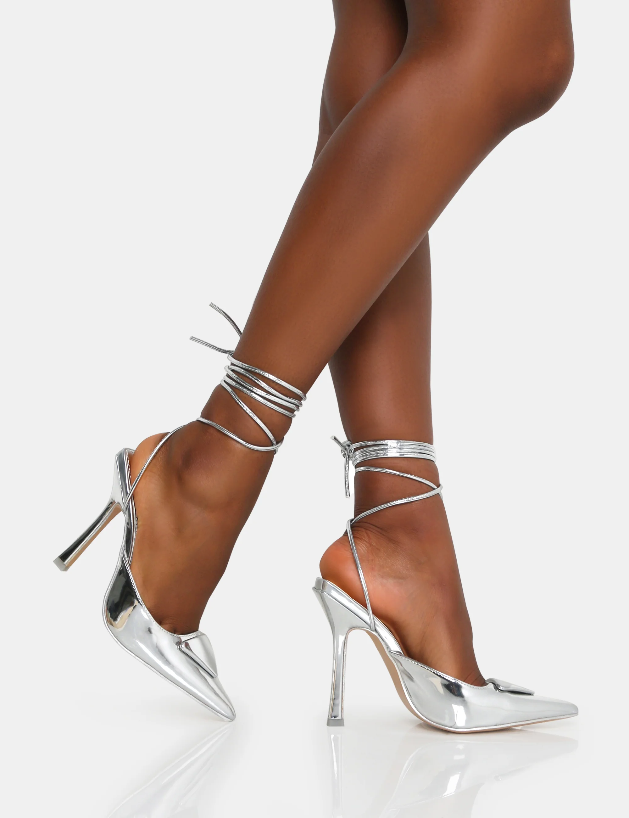 Vada Silver Mirror Slingback Lace Up Pointed Court Stiletto Heels - Image 4