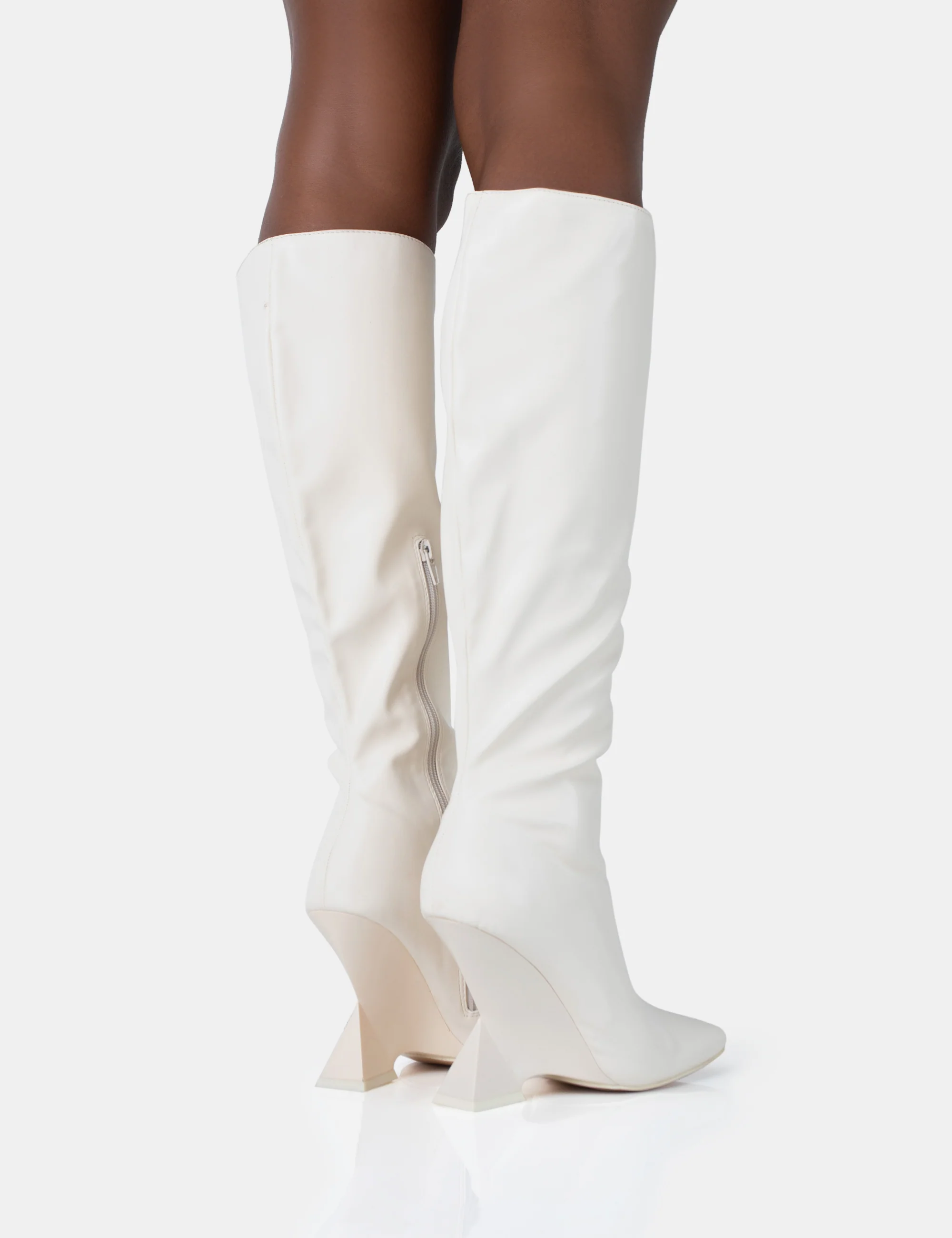 Vanessa Ecru PU Inverted Wedge Square Toe Heeled Knee High Boots - Image 3