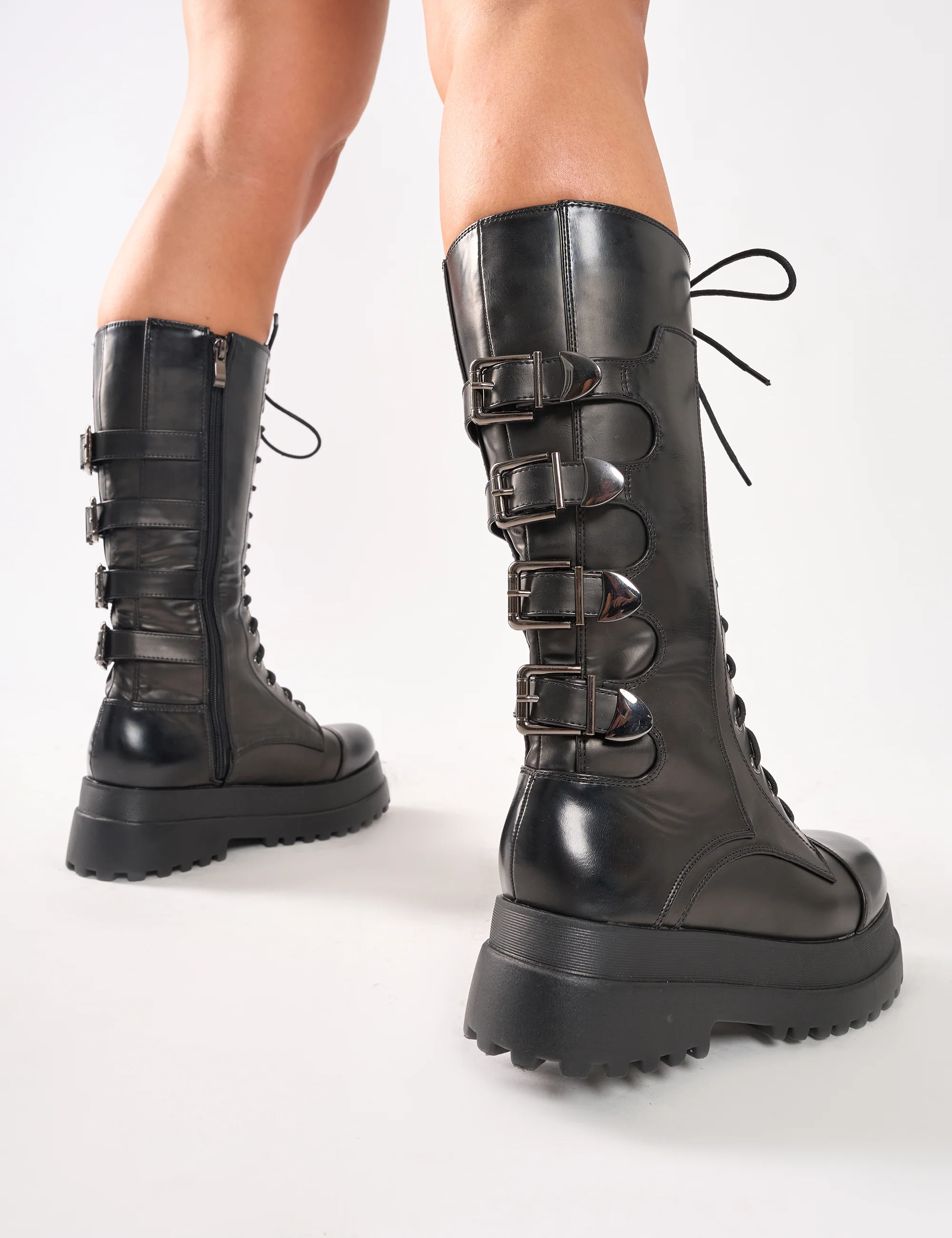Vex Black Multi Buckle Detail Lace Up Knee High Boots - Image 3