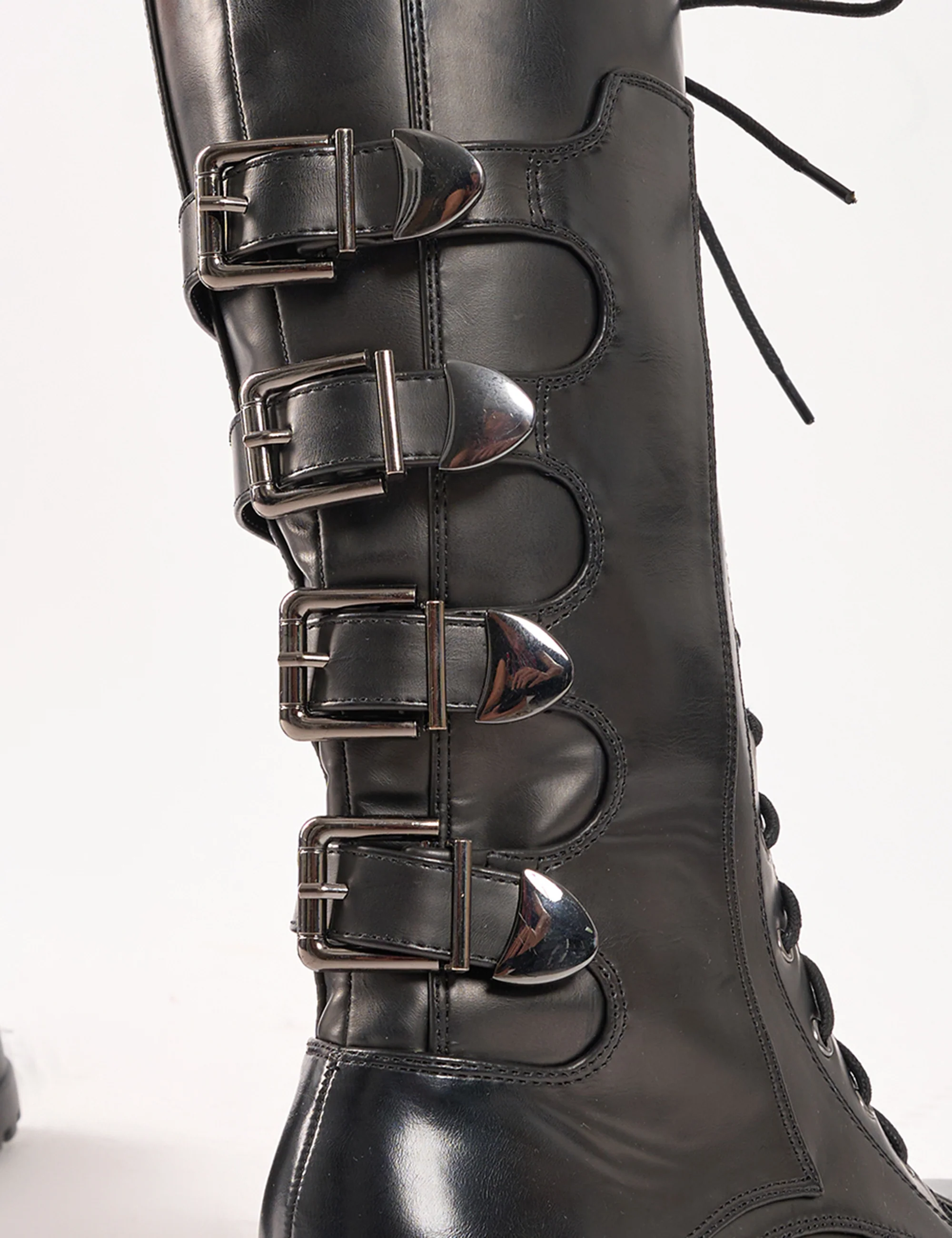 Vex Black Multi Buckle Detail Lace Up Knee High Boots - Image 4