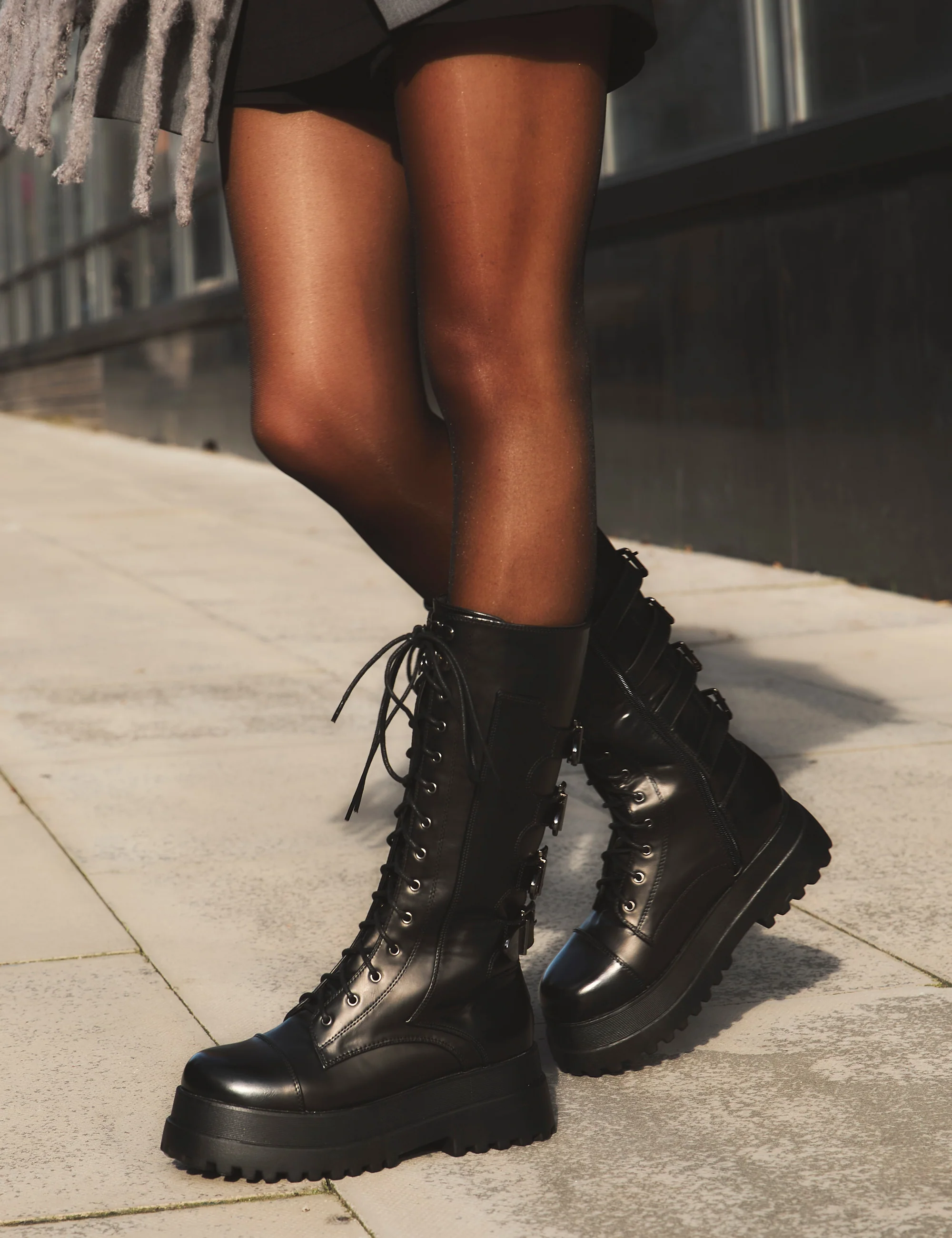 Vex Black Multi Buckle Detail Lace Up Knee High Boots - Image 5