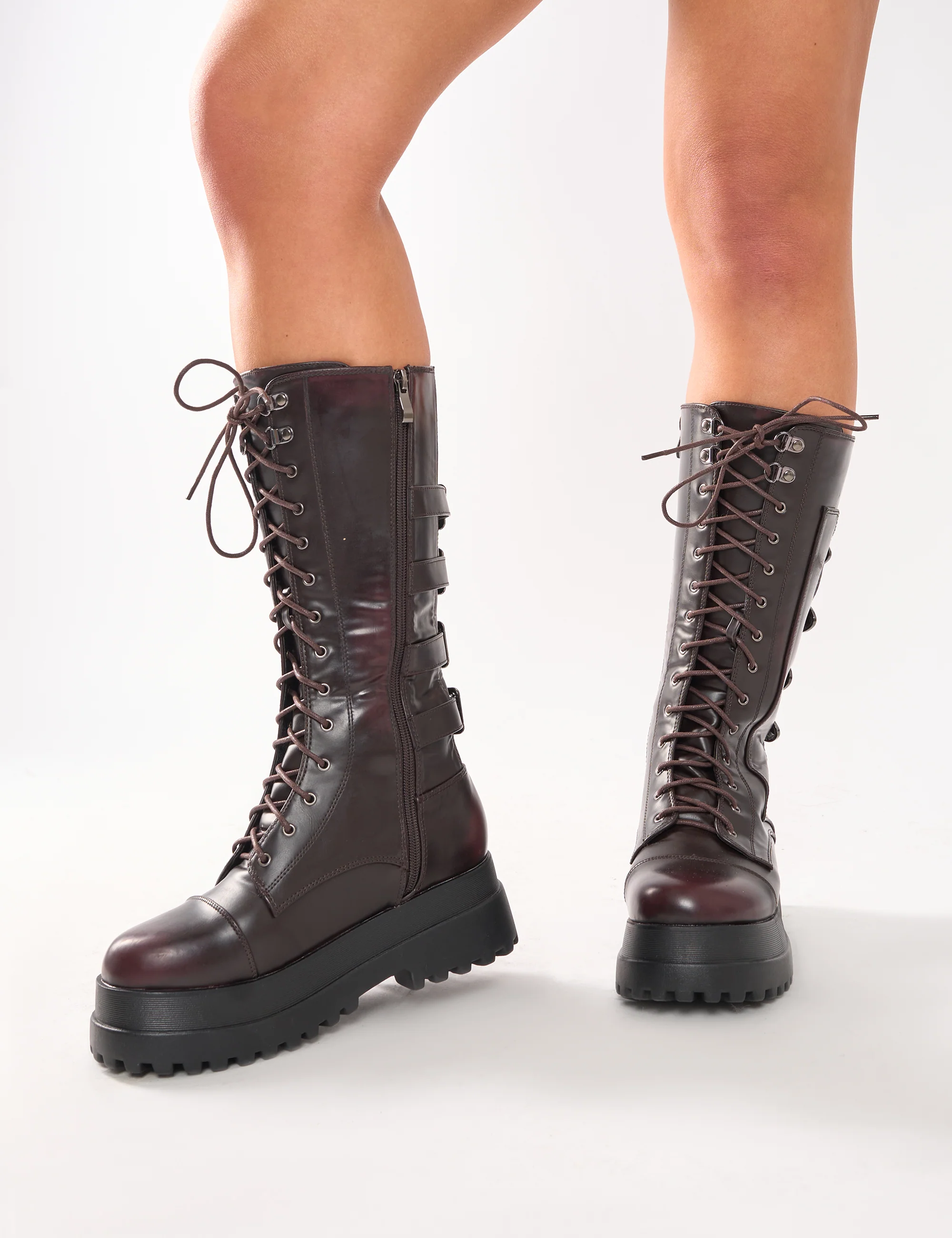 Vex Burgundy Multi Buckle Detail Lace Up Knee High Boots - Image 3
