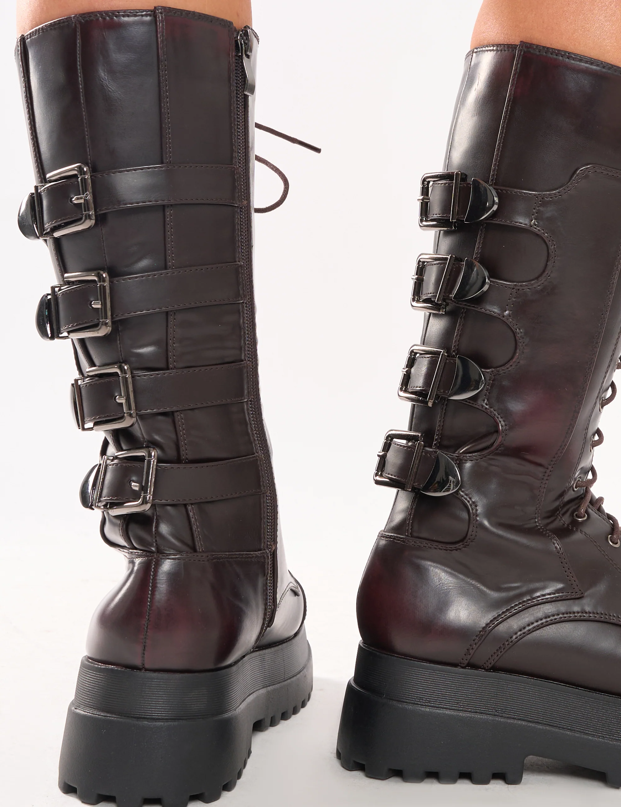 Vex Burgundy Multi Buckle Detail Lace Up Knee High Boots - Image 5