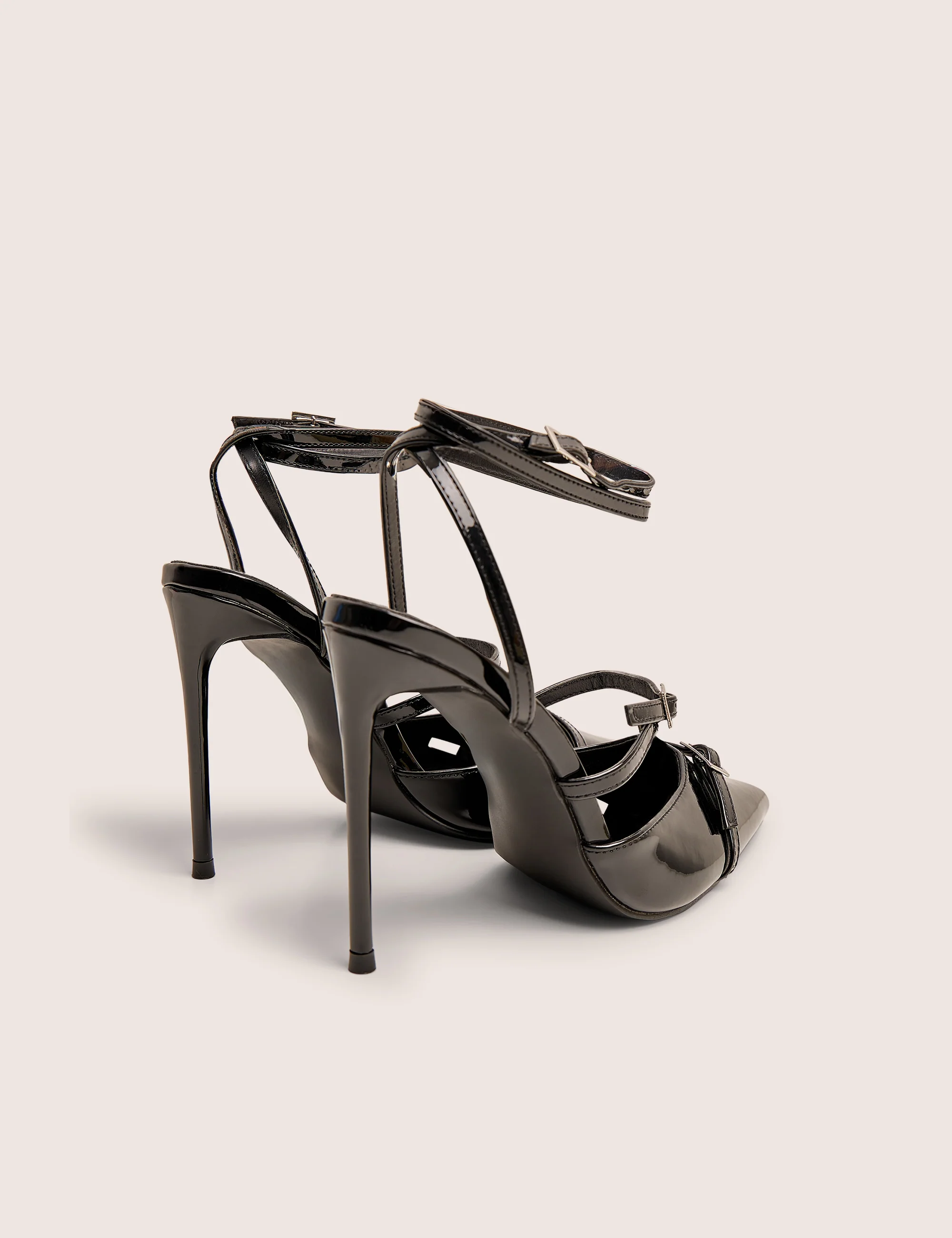 Viper Black Three Strap Buckle Detail Court Heels - Image 3