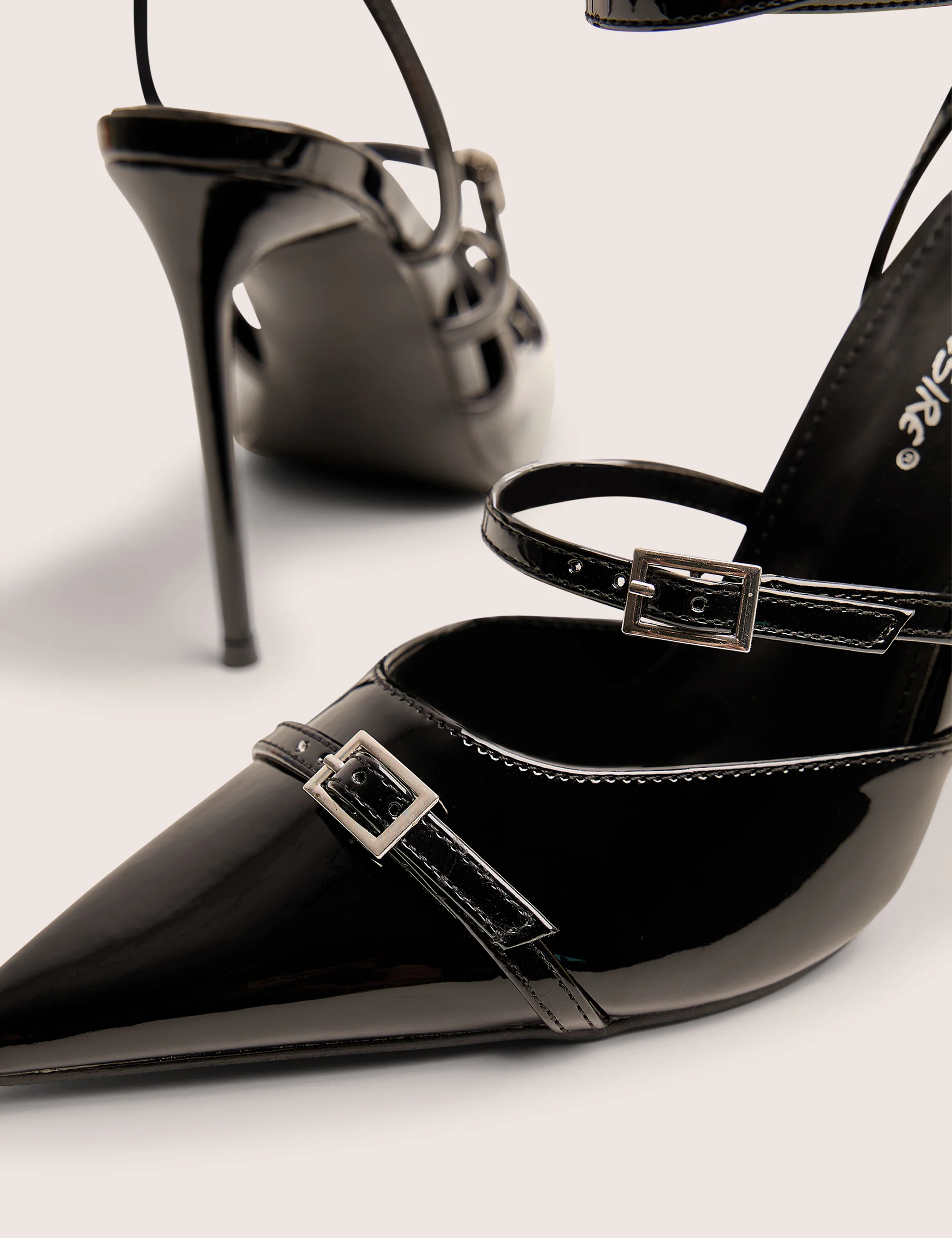 Viper Black Three Strap Buckle Detail Court Heels - Image 4