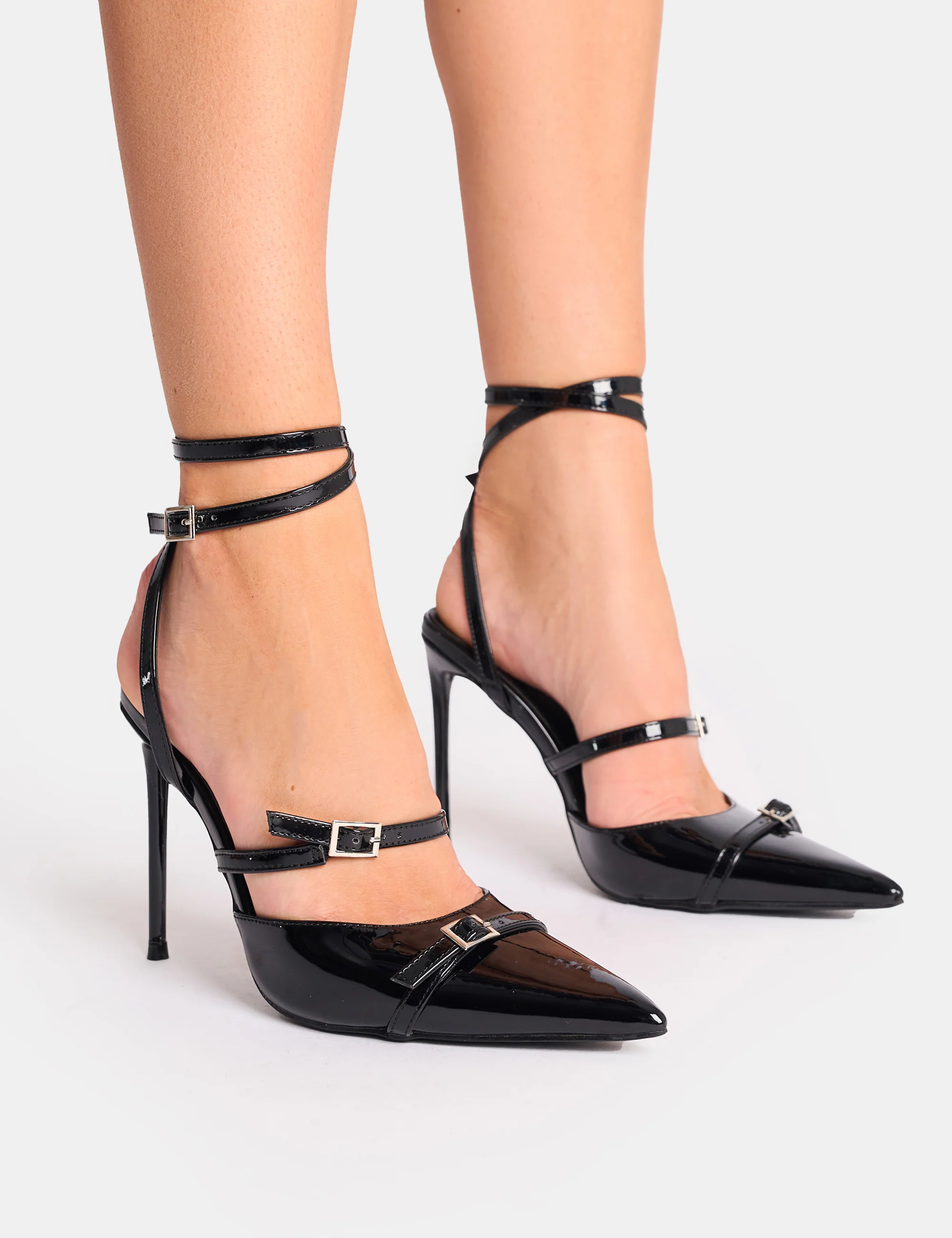 Viper Black Three Strap Buckle Detail Court Heels - Image 5